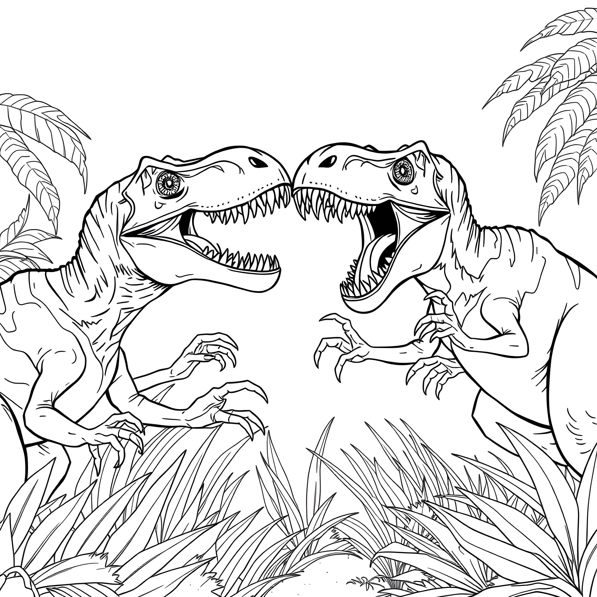 Velociraptor Dinosaurs Ferociously Battling in the Jungle Coloring Page (free black-and-white line drawing printable PDF for all, from beginners to advanced learners, including children, teens, adults, and seniors)