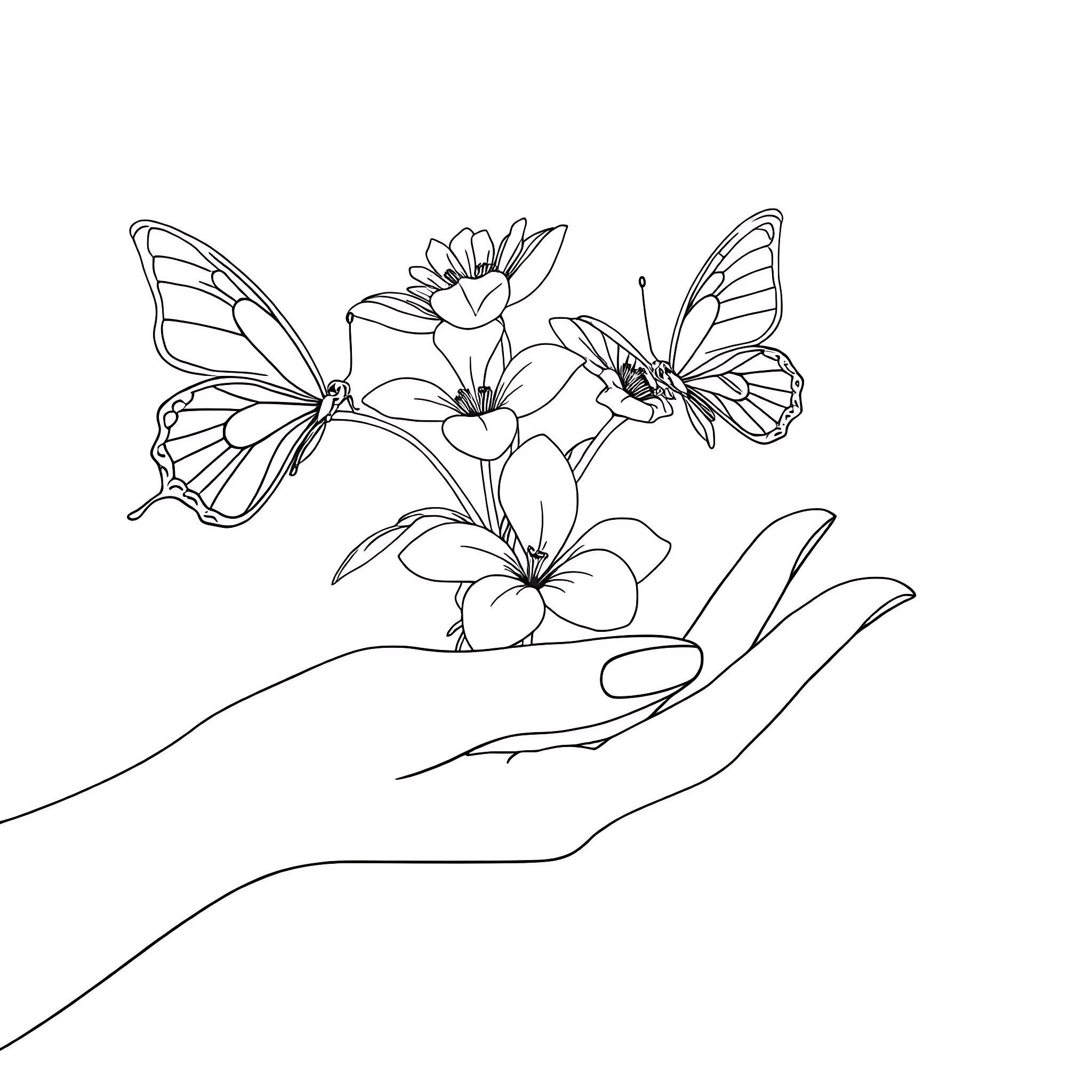 Hand holding delicate butterflies and flowers Coloring Page (free black-and-white line drawing printable PDF for all, from beginners to advanced learners, including children, teens, adults, and seniors)