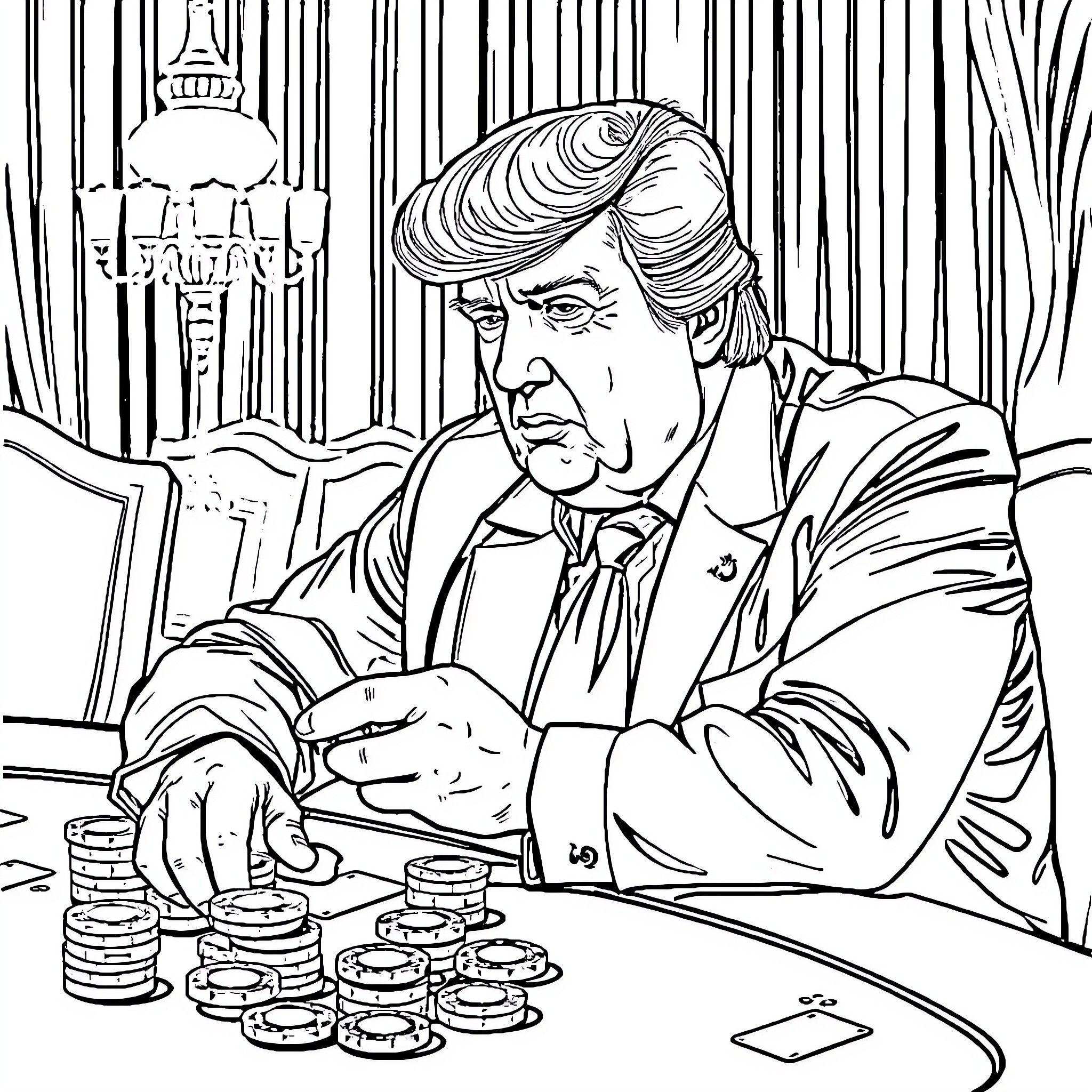Donald Trump Contemplating His Next Move at the Poker Table Coloring Page (free black-and-white line drawing printable PDF for all, from beginners to advanced learners, including children, teens, adults, and seniors)