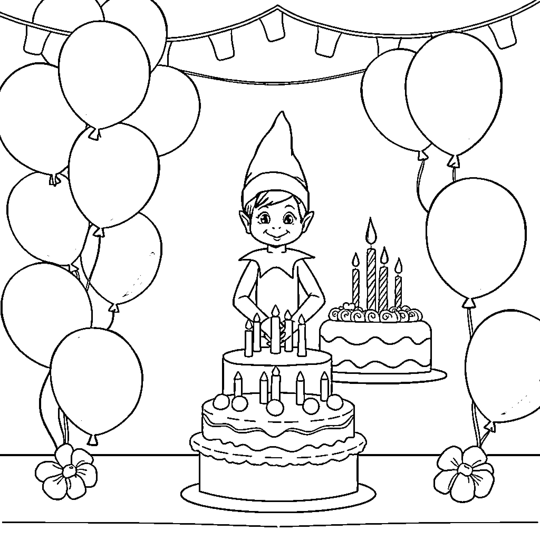 Elf celebrates birthday with cake and balloons Coloring Page (free black-and-white line drawing printable PDF for all, from beginners to advanced learners, including children, teens, adults, and seniors)