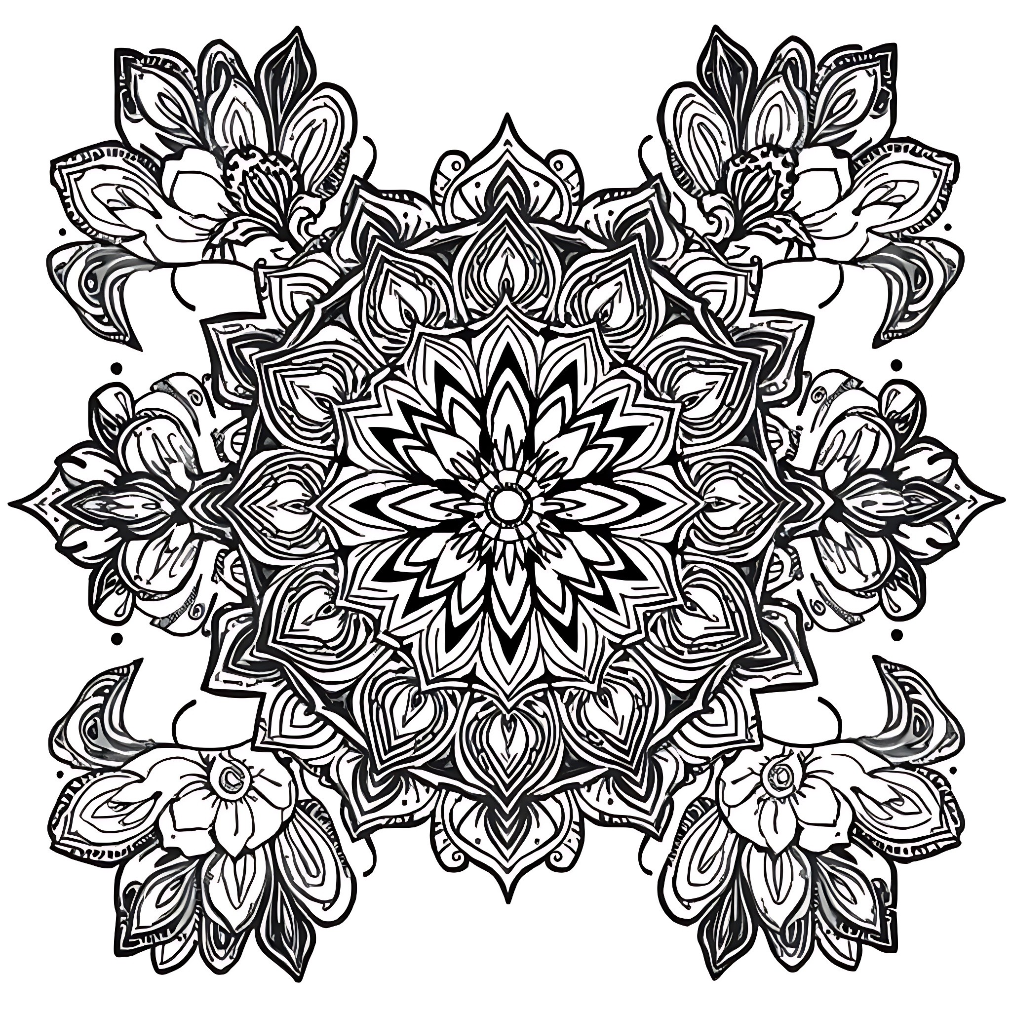 Mandala with intricate floral patterns and symmetrical design Coloring Page (free black-and-white line drawing printable PDF for all, from beginners to advanced learners, including children, teens, adults, and seniors)