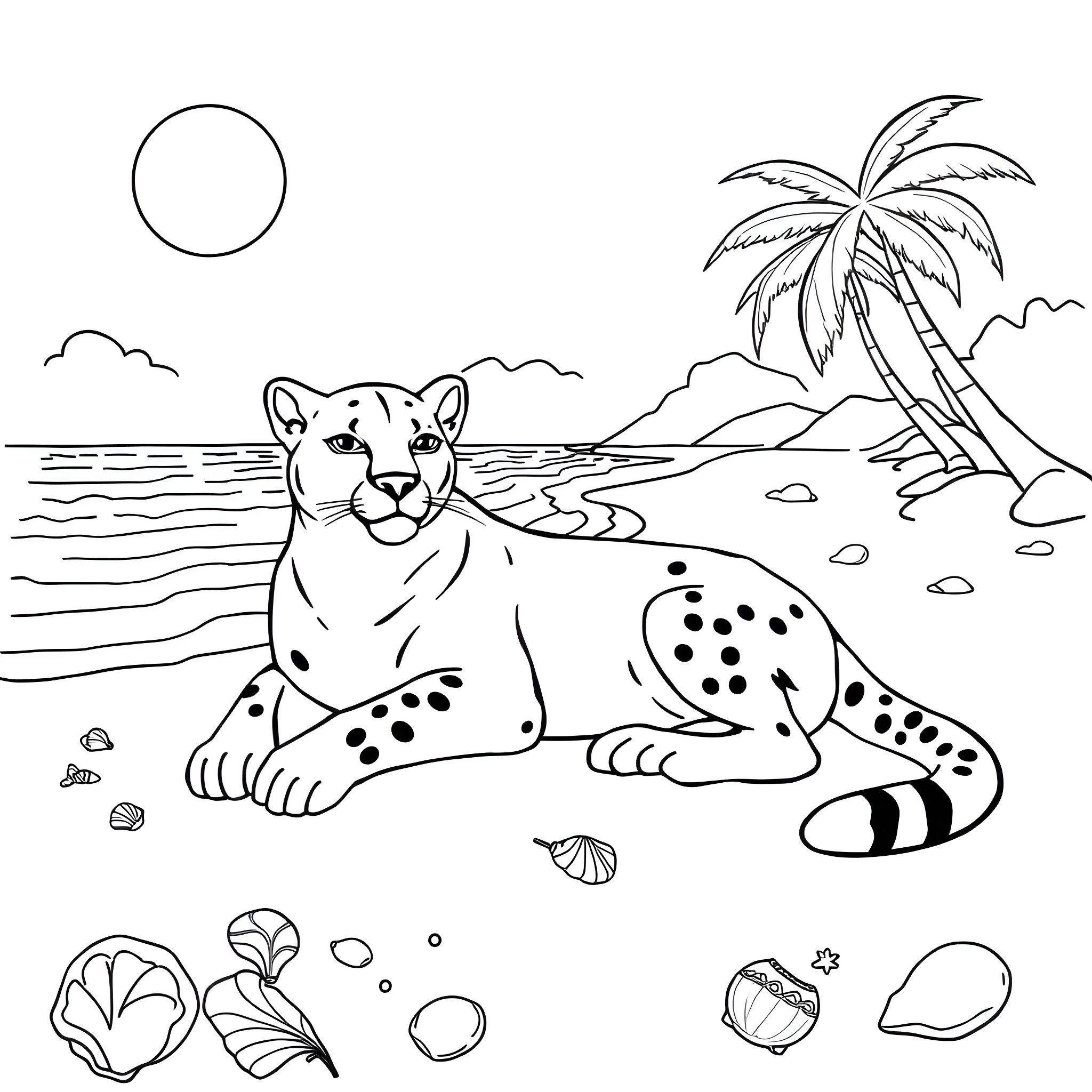 Mountain Lion Resting on Tropical Beach Coloring Page (free black-and-white line drawing printable PDF for all, from beginners to advanced learners, including children, teens, adults, and seniors)