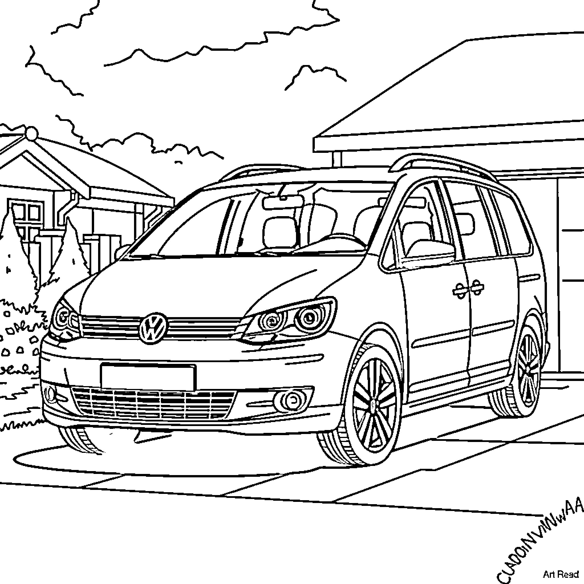 VW Touran in suburban neighborhood Coloring Page (free black-and-white line drawing printable PDF for all, from beginners to advanced learners, including children, teens, adults, and seniors)