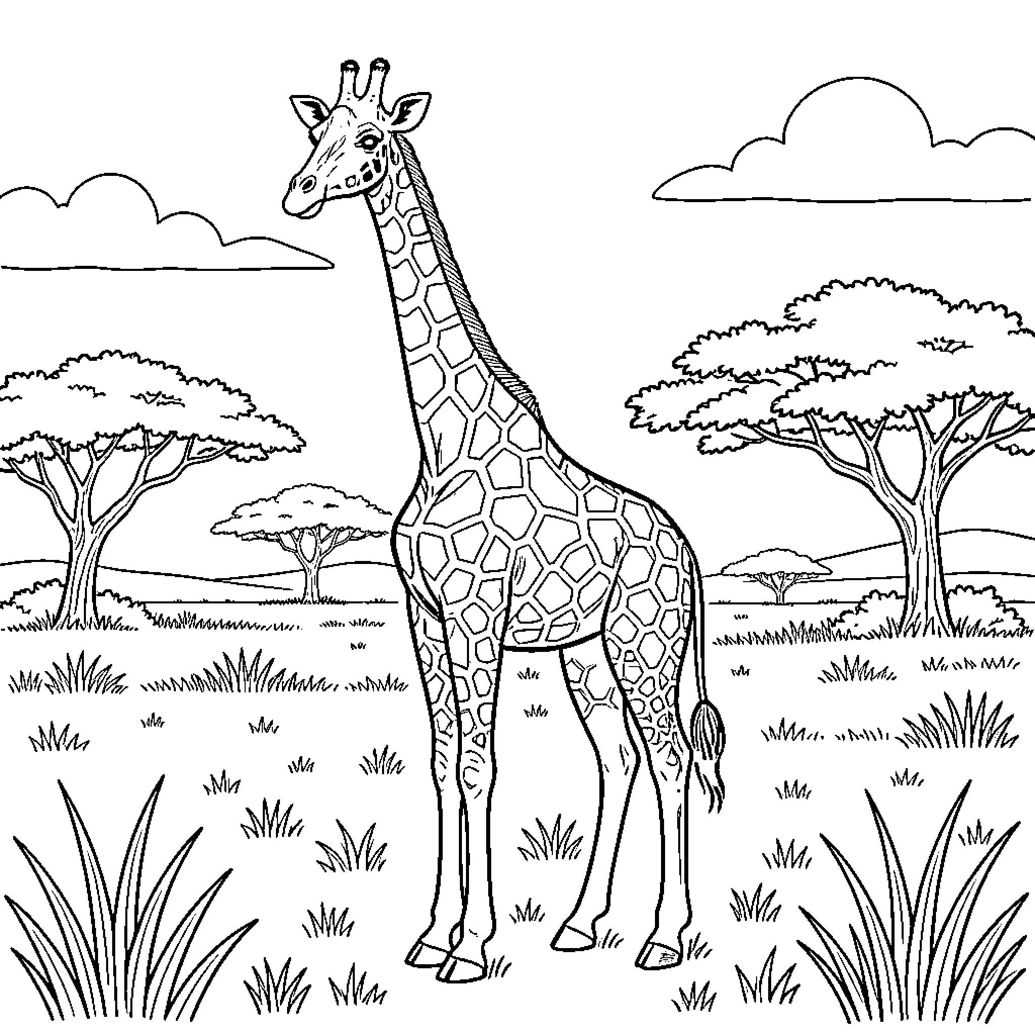 Giraffe standing calmly in a grassy savanna landscape Coloring Page (free black-and-white line drawing printable PDF for all, from beginners to advanced learners, including children, teens, adults, and seniors)