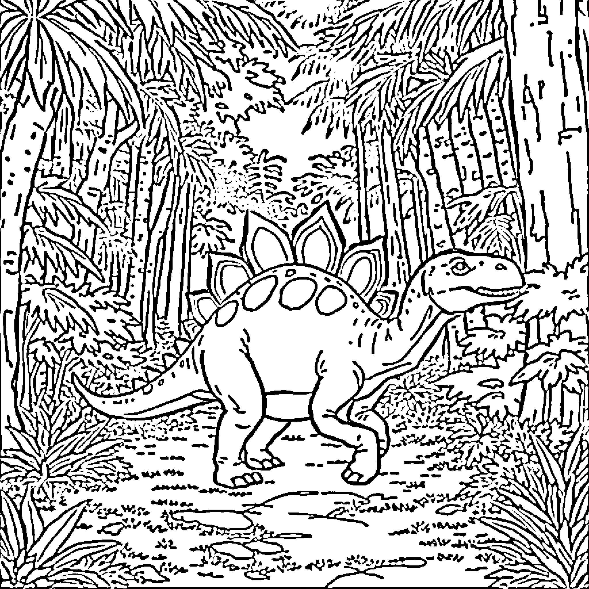 Stegosaurus exploring the lush prehistoric forest Coloring Page (free black-and-white line drawing printable PDF for all, from beginners to advanced learners, including children, teens, adults, and seniors)