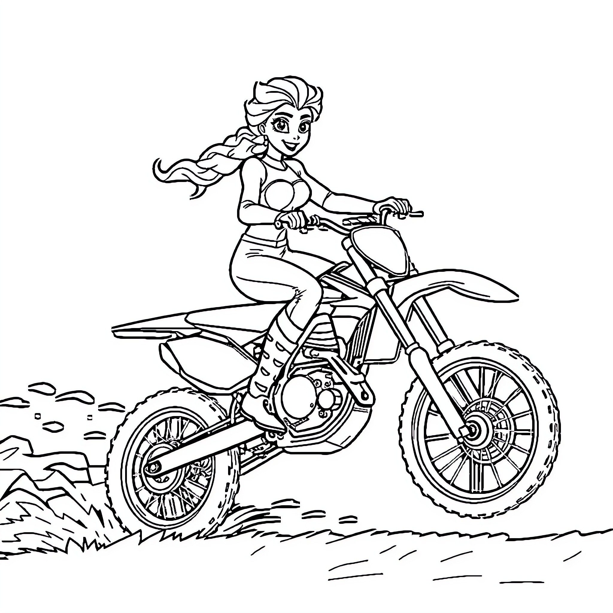 Princess Elsa riding a motorcycle across the landscape Coloring Page (free black-and-white line drawing printable PDF for all, from beginners to advanced learners, including children, teens, adults, and seniors)