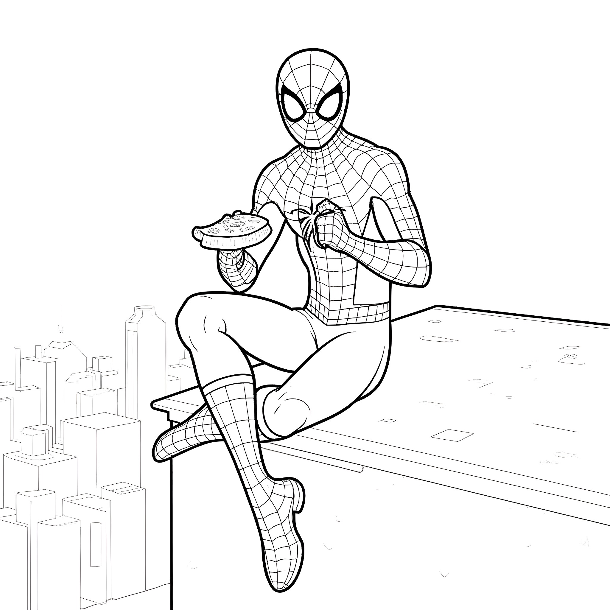 Spiderman in action pose on building rooftop Coloring Page (free black-and-white line drawing printable PDF for all, from beginners to advanced learners, including children, teens, adults, and seniors)