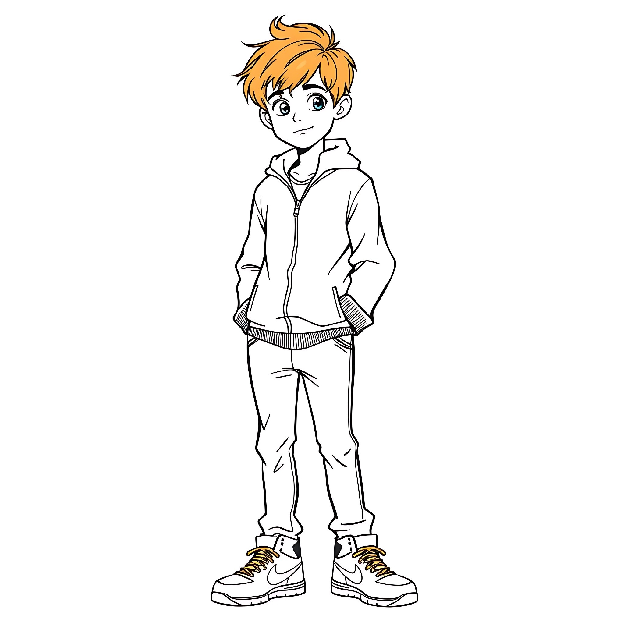 Boy in casual outfit with friendly expression Coloring Page (free black-and-white line drawing printable PDF for all, from beginners to advanced learners, including children, teens, adults, and seniors)