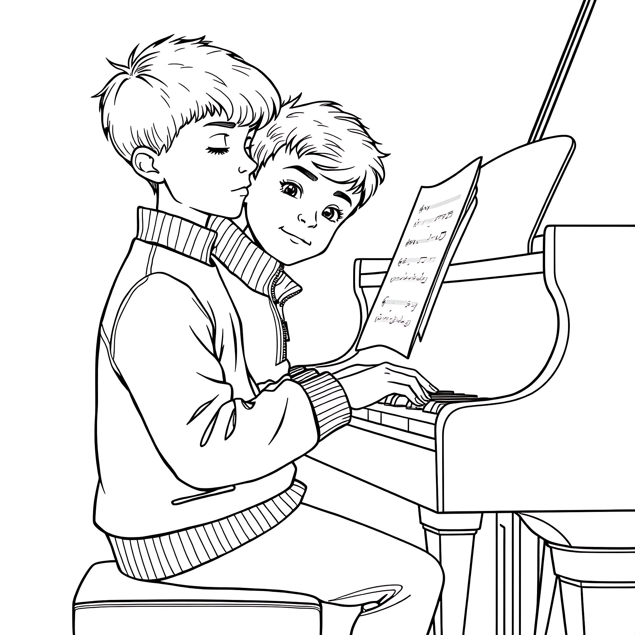 Boy playing piano with enthusiasm Coloring Page (free black-and-white line drawing printable PDF for all, from beginners to advanced learners, including children, teens, adults, and seniors)