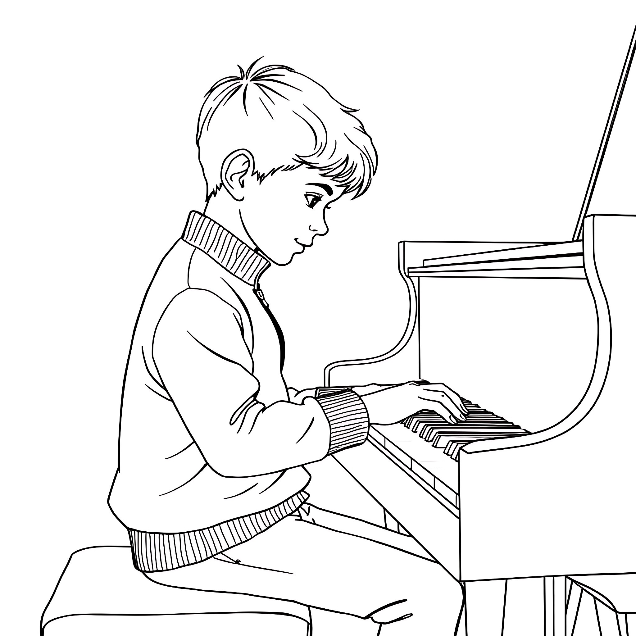 Boy playing beautiful piano melody Coloring Page (free black-and-white line drawing printable PDF for all, from beginners to advanced learners, including children, teens, adults, and seniors)