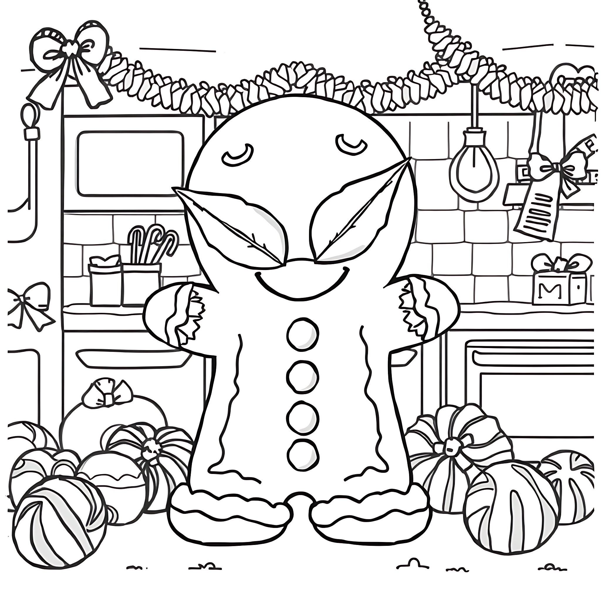 Gingerbread Man baking in a cozy kitchen Coloring Page (free black-and-white line drawing printable PDF for all, from beginners to advanced learners, including children, teens, adults, and seniors)