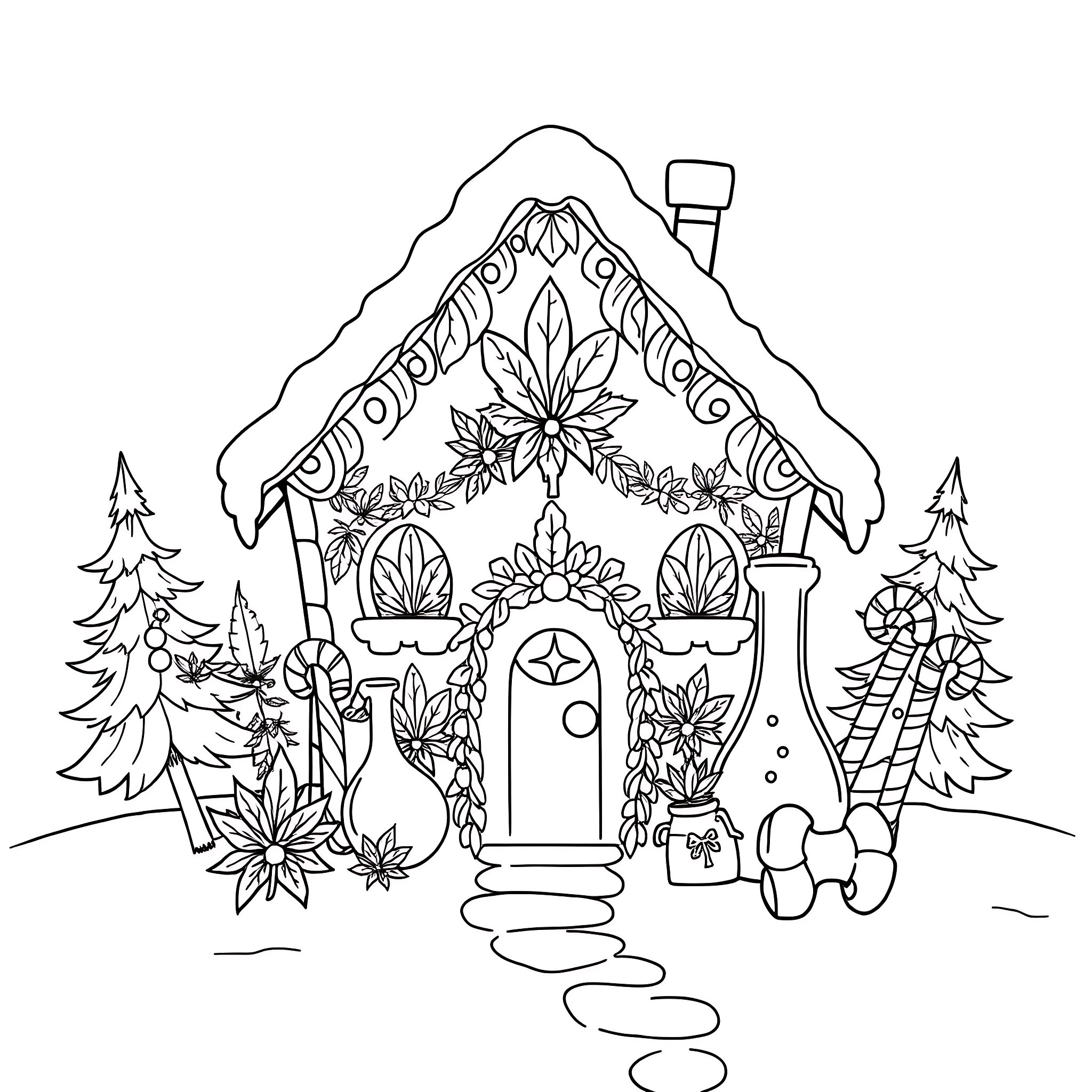 Gingerbread House with Festive Decorations Coloring Page (free black-and-white line drawing printable PDF for all, from beginners to advanced learners, including children, teens, adults, and seniors)