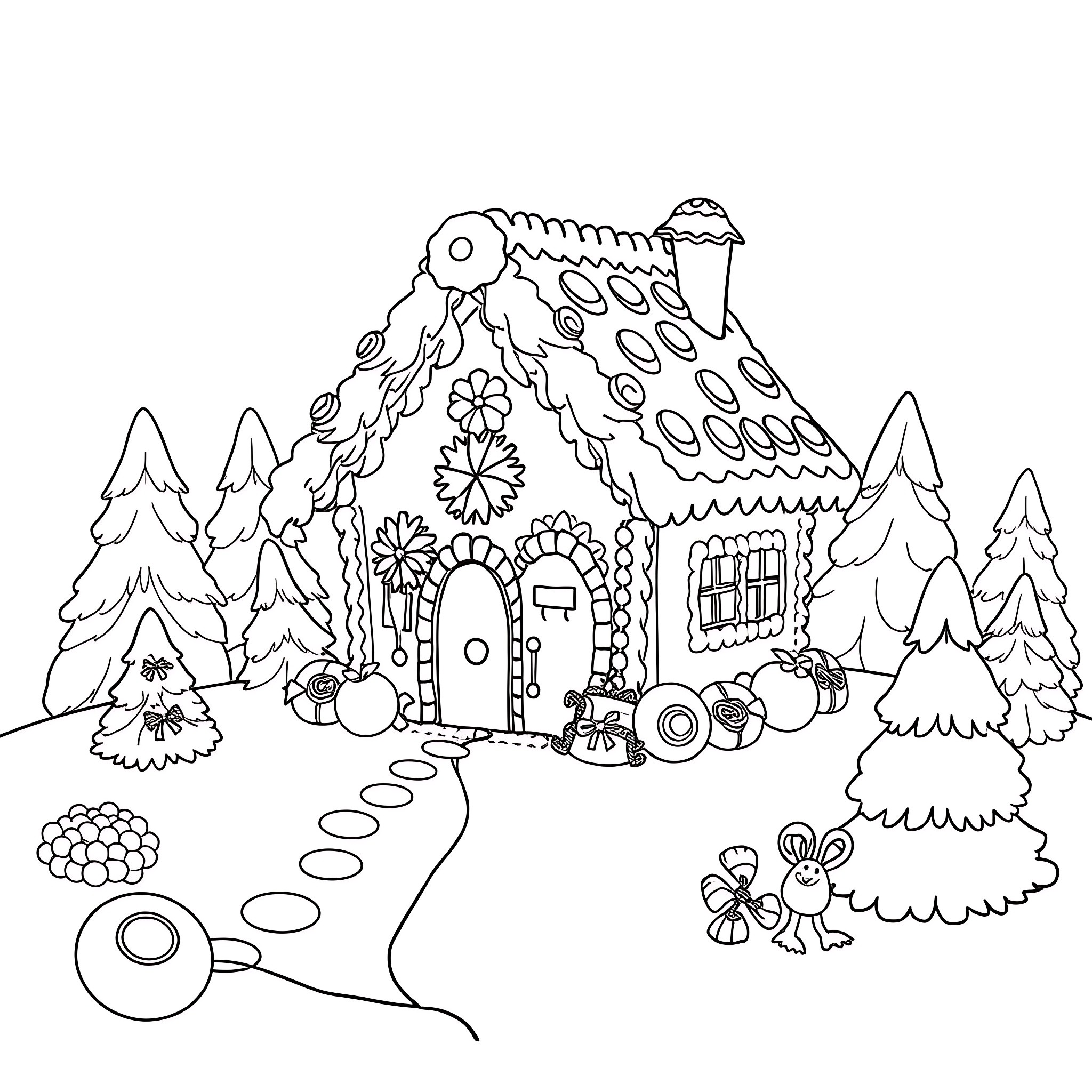 Gingerbread House with Whimsical Details in Winter Landscape Coloring Page (free black-and-white line drawing printable PDF for all, from beginners to advanced learners, including children, teens, adults, and seniors)
