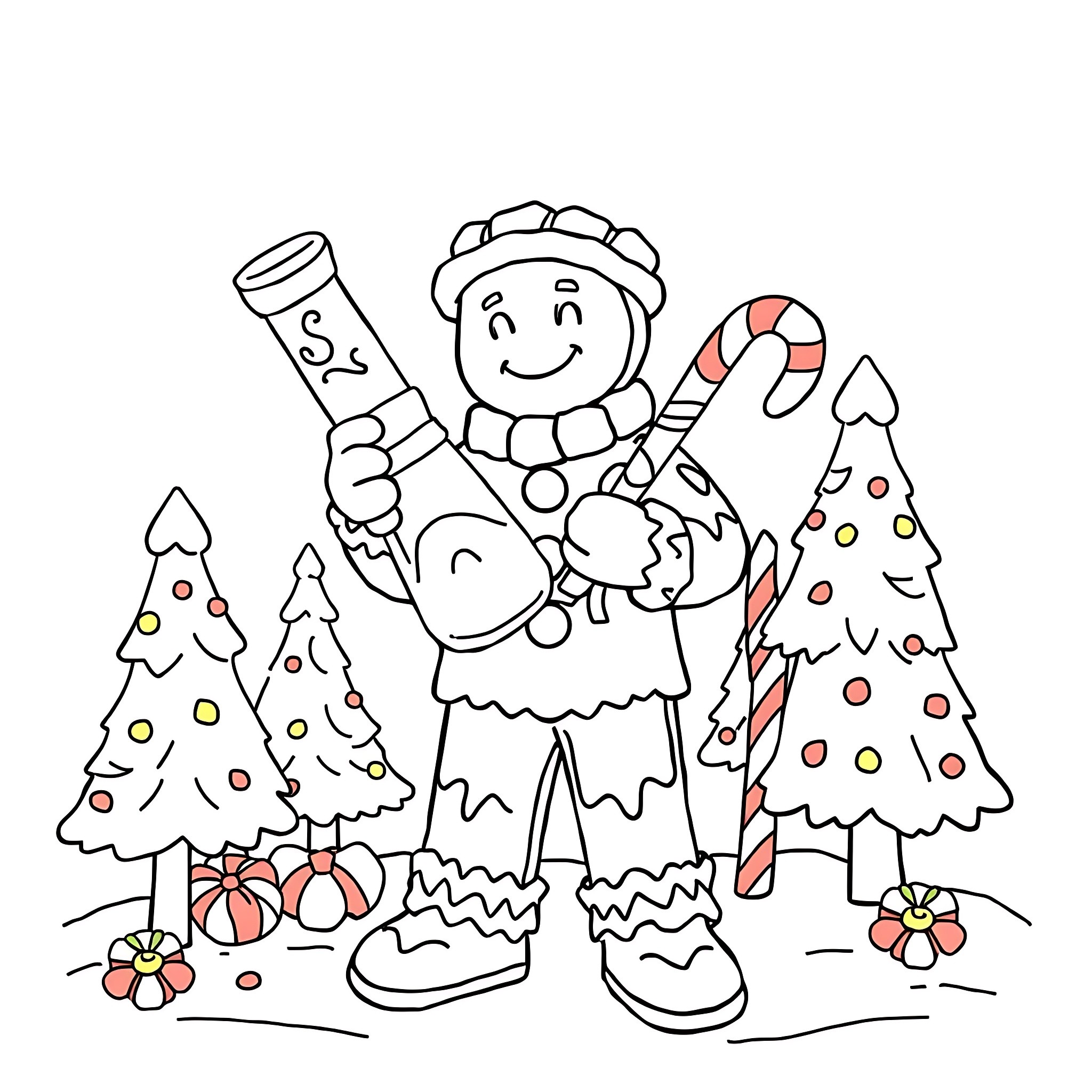Gingerbread Man decorating festive holiday scene Coloring Page (free black-and-white line drawing printable PDF for all, from beginners to advanced learners, including children, teens, adults, and seniors)