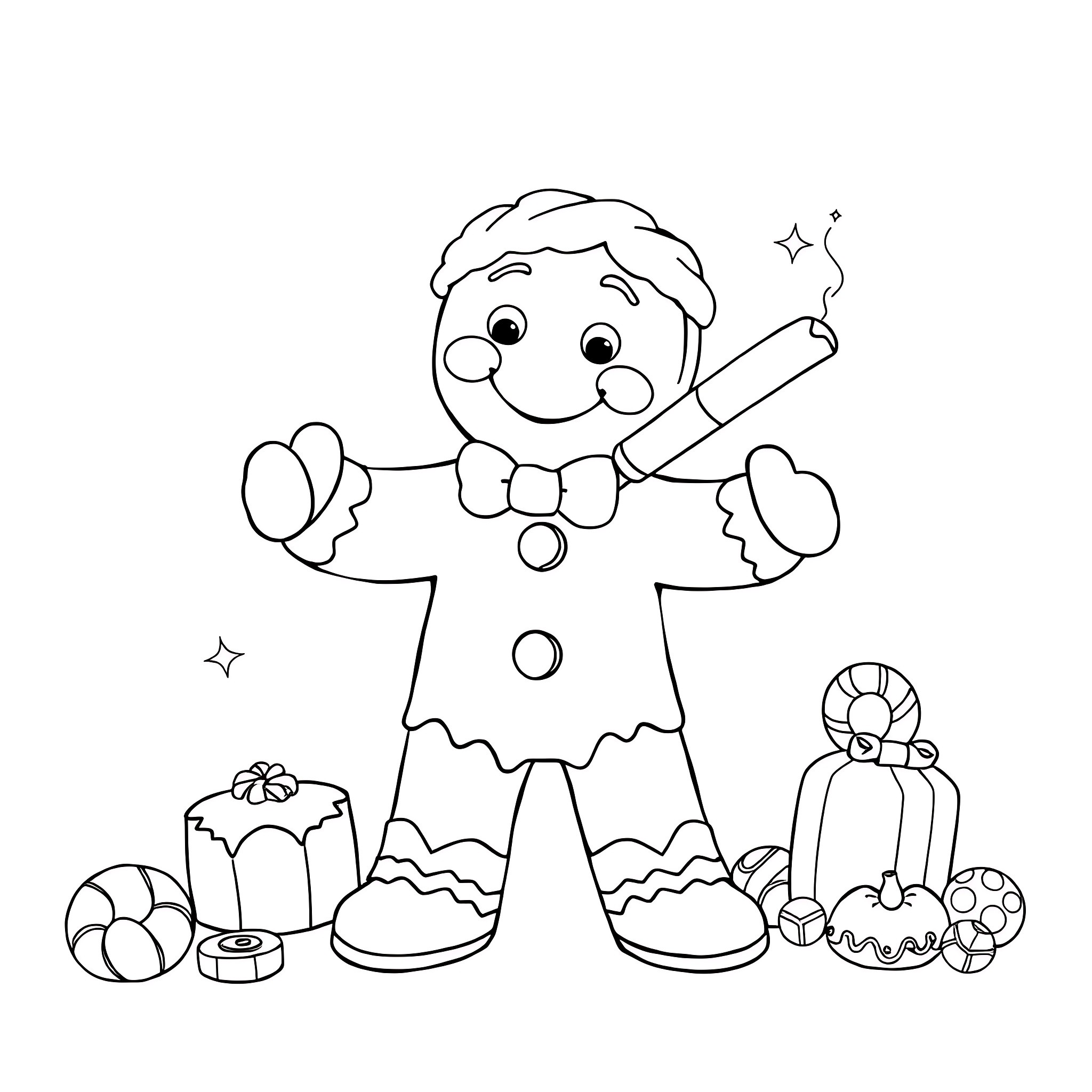 Gingerbread Man with holiday treats and decor Coloring Page (free black-and-white line drawing printable PDF for all, from beginners to advanced learners, including children, teens, adults, and seniors)
