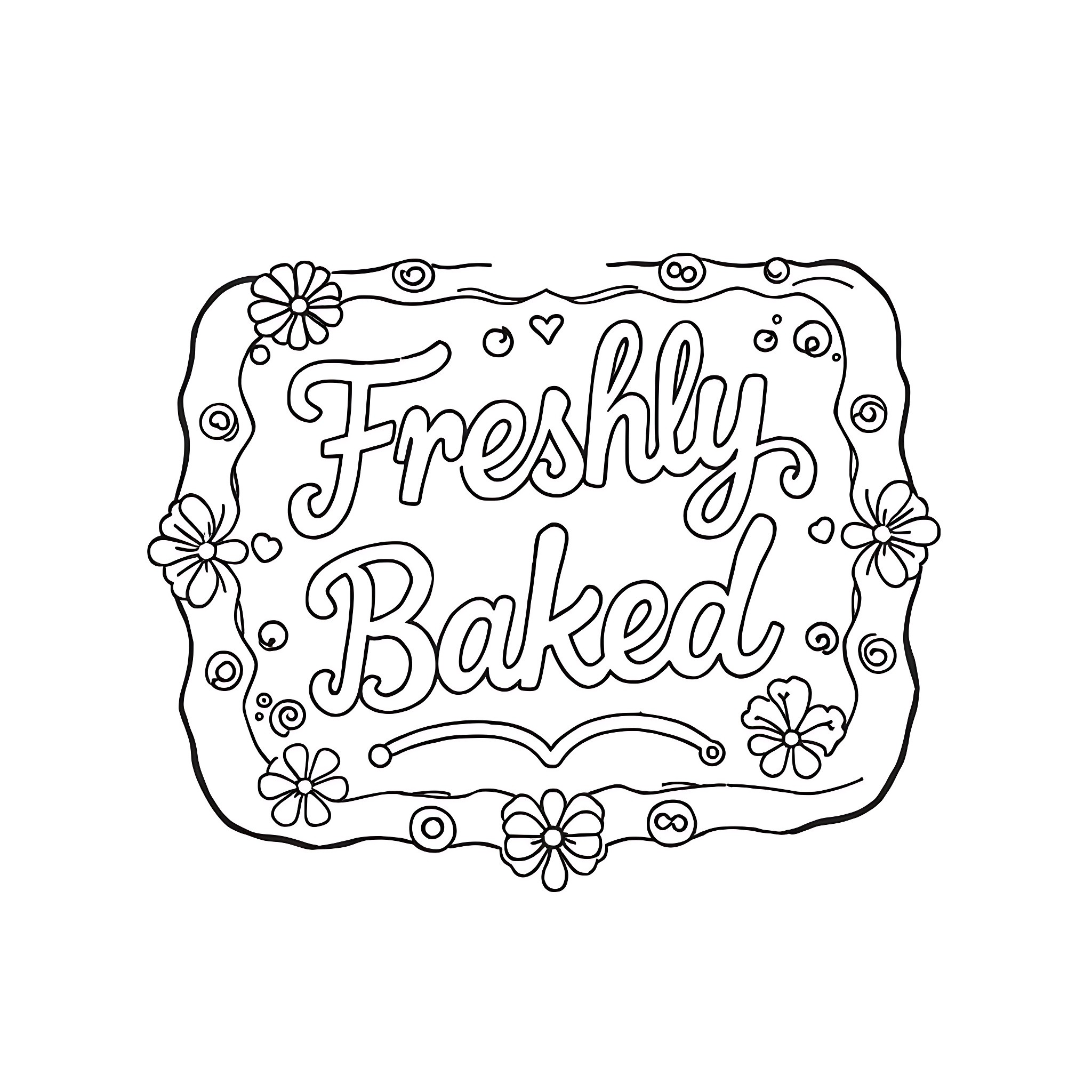 Gingerbread Cookie with Floral Frame Coloring Page (free black-and-white line drawing printable PDF for all, from beginners to advanced learners, including children, teens, adults, and seniors)