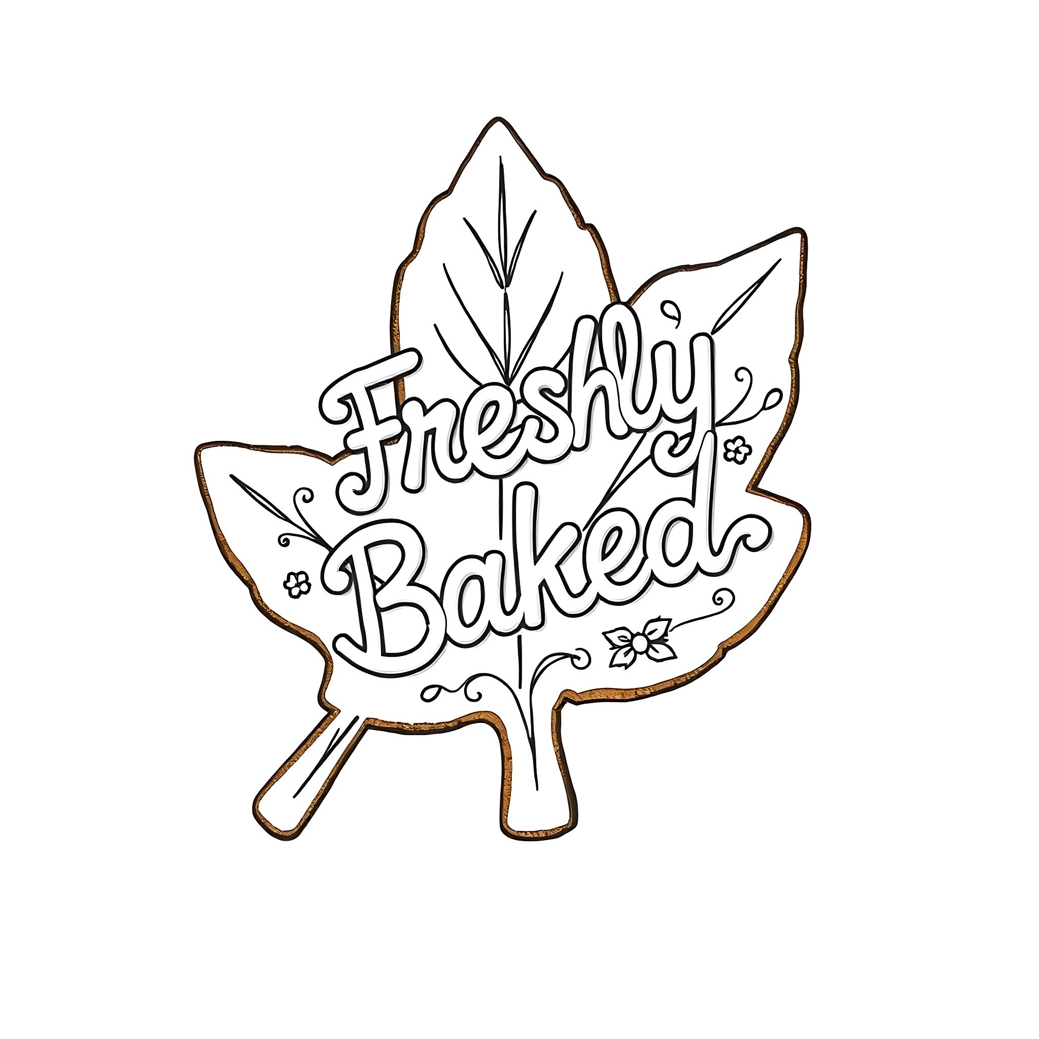 Gingerbread leaves with hand-lettering Coloring Page (free black-and-white line drawing printable PDF for all, from beginners to advanced learners, including children, teens, adults, and seniors)