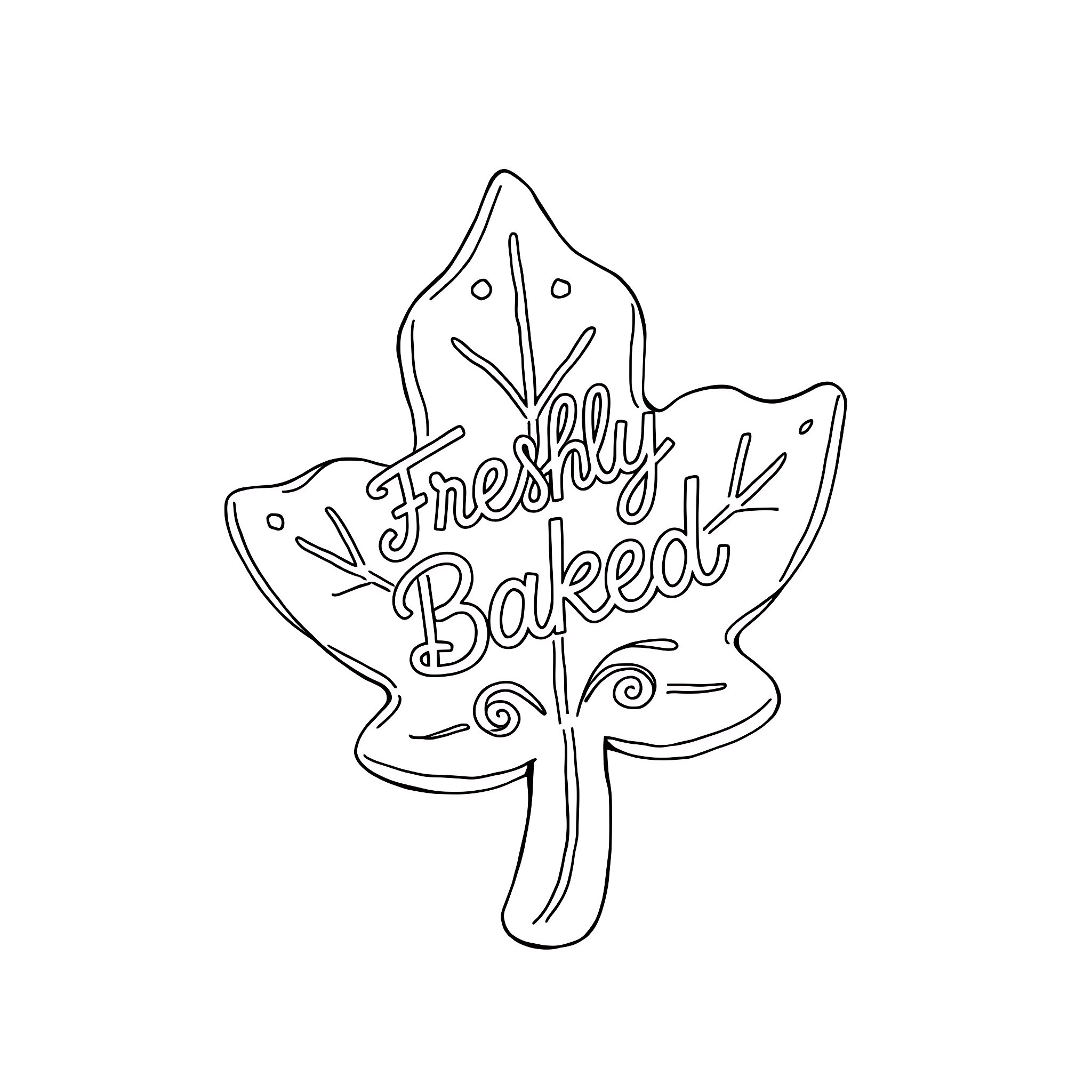 Gingerbread leaf with 'Freshly Baked' text Coloring Page (free black-and-white line drawing printable PDF for all, from beginners to advanced learners, including children, teens, adults, and seniors)