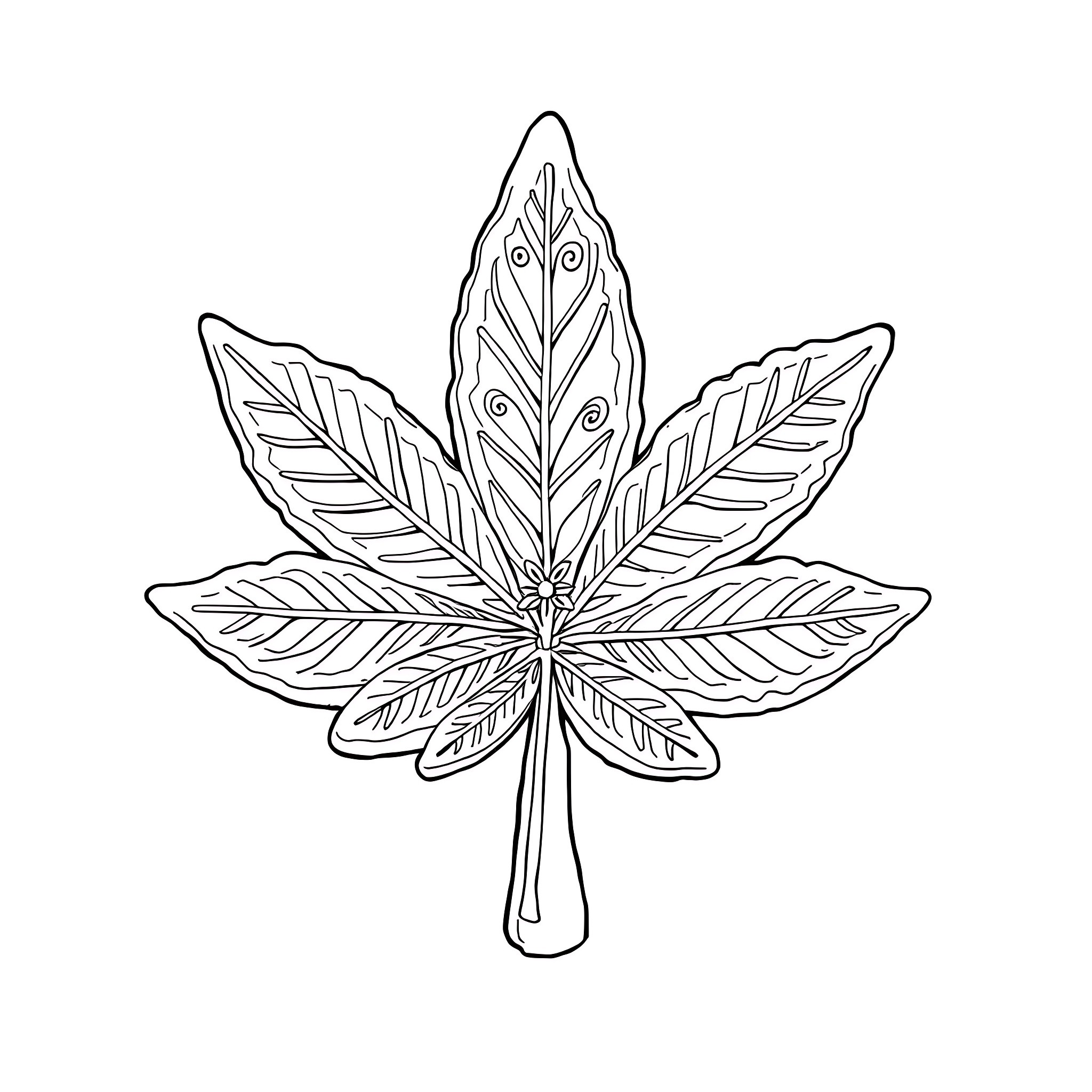Cannabis Leaf with Intricate Patterns Coloring Page (free black-and-white line drawing printable PDF for all, from beginners to advanced learners, including children, teens, adults, and seniors)
