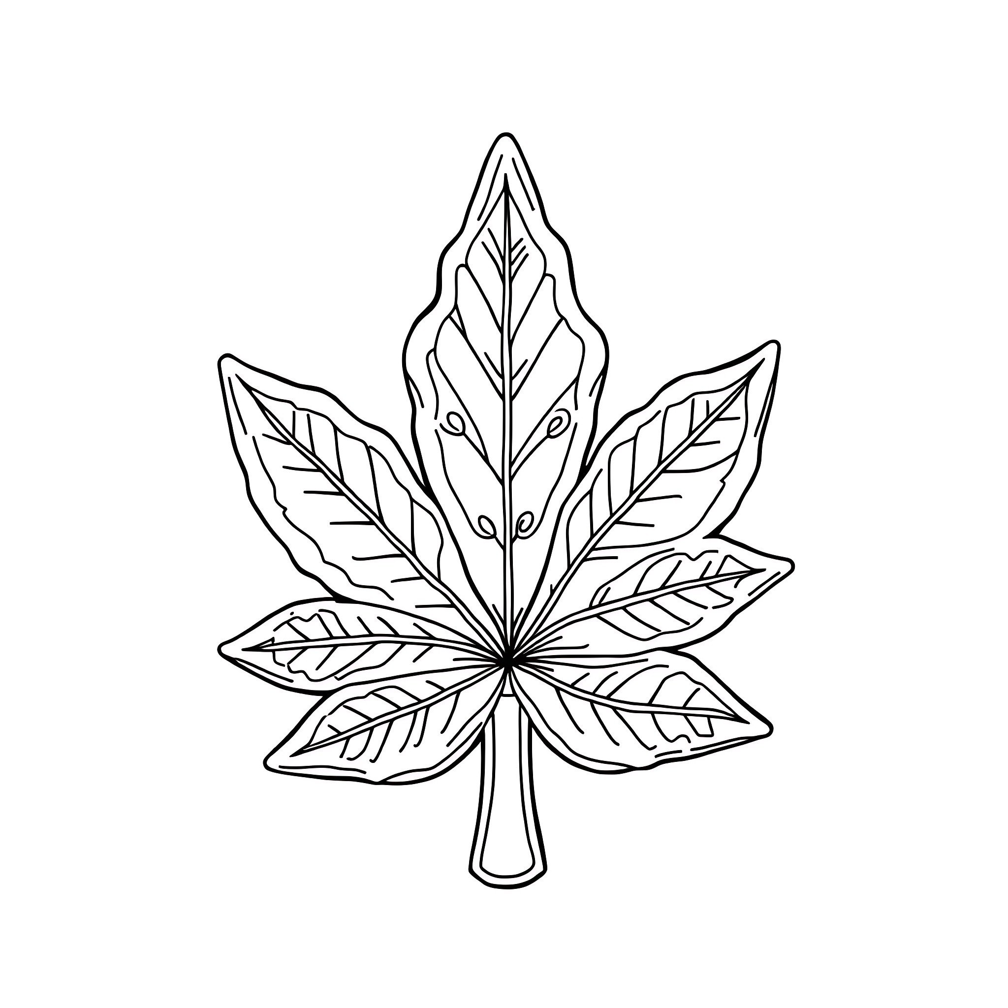 Cannabis Leaf with Detailed Botanical Patterns Coloring Page (free black-and-white line drawing printable PDF for all, from beginners to advanced learners, including children, teens, adults, and seniors)