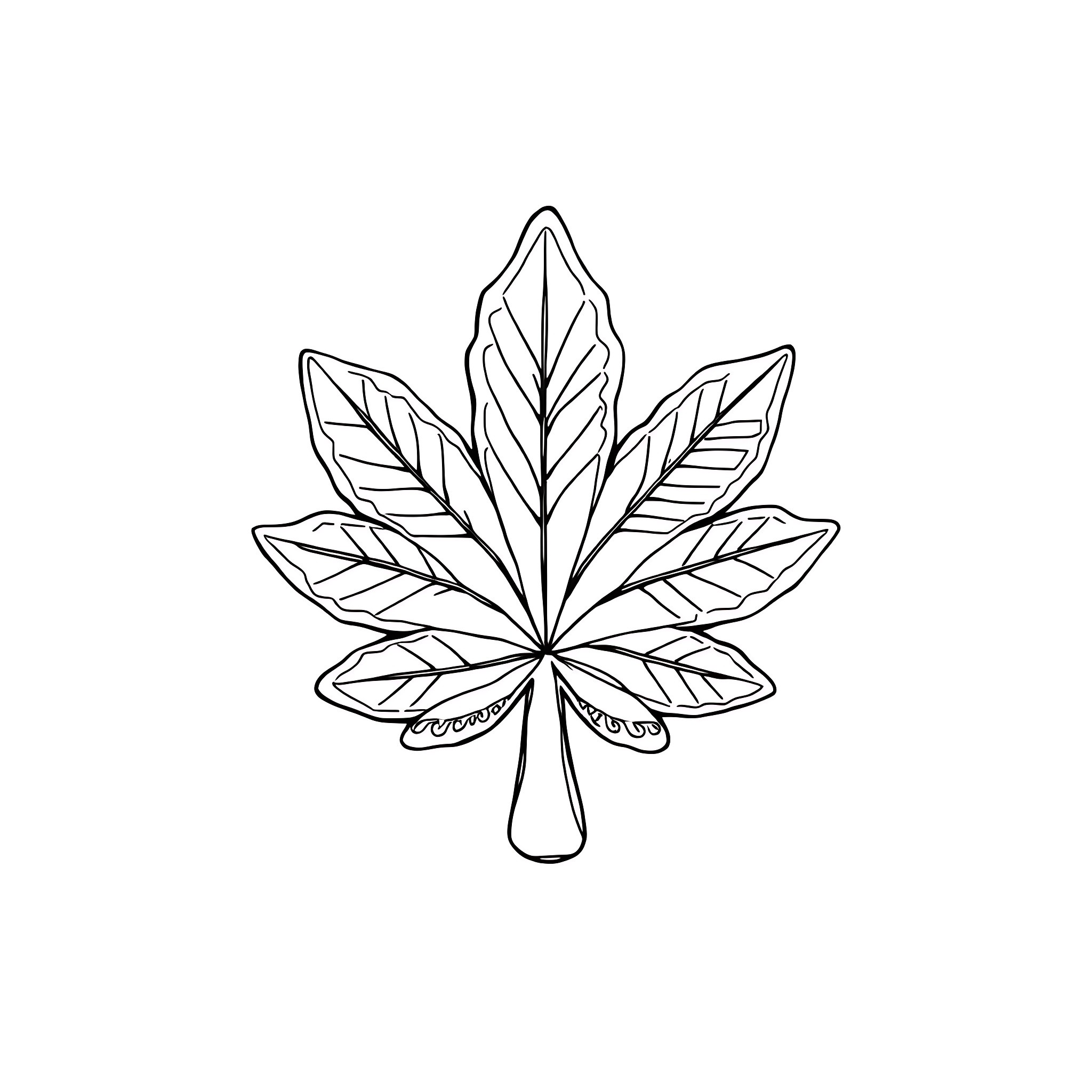 Cannabis Leaf with Ornate Patterns Coloring Page (free black-and-white line drawing printable PDF for all, from beginners to advanced learners, including children, teens, adults, and seniors)