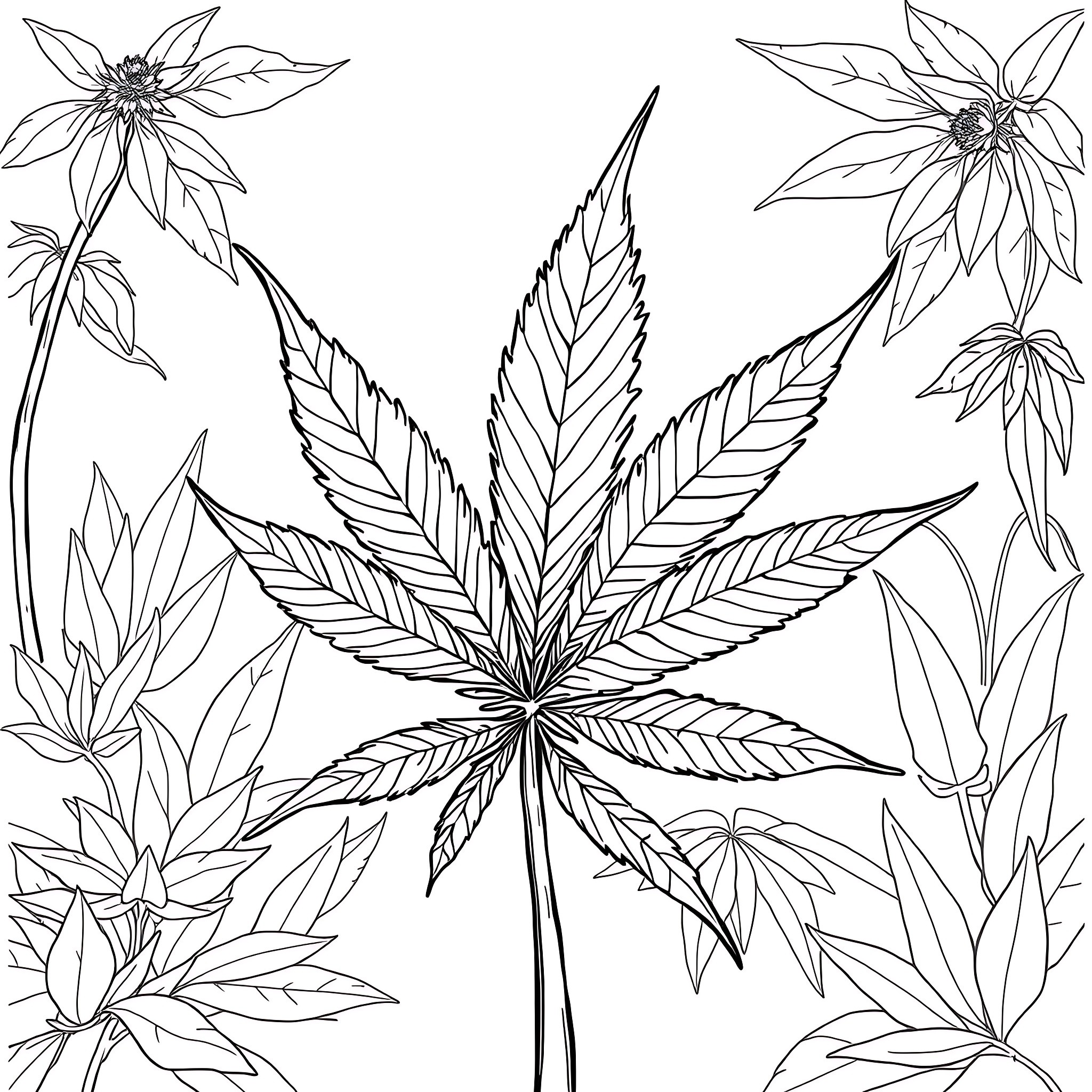 Cannabis Leaf in Artistic Floral Scene Coloring Page (free black-and-white line drawing printable PDF for all, from beginners to advanced learners, including children, teens, adults, and seniors)