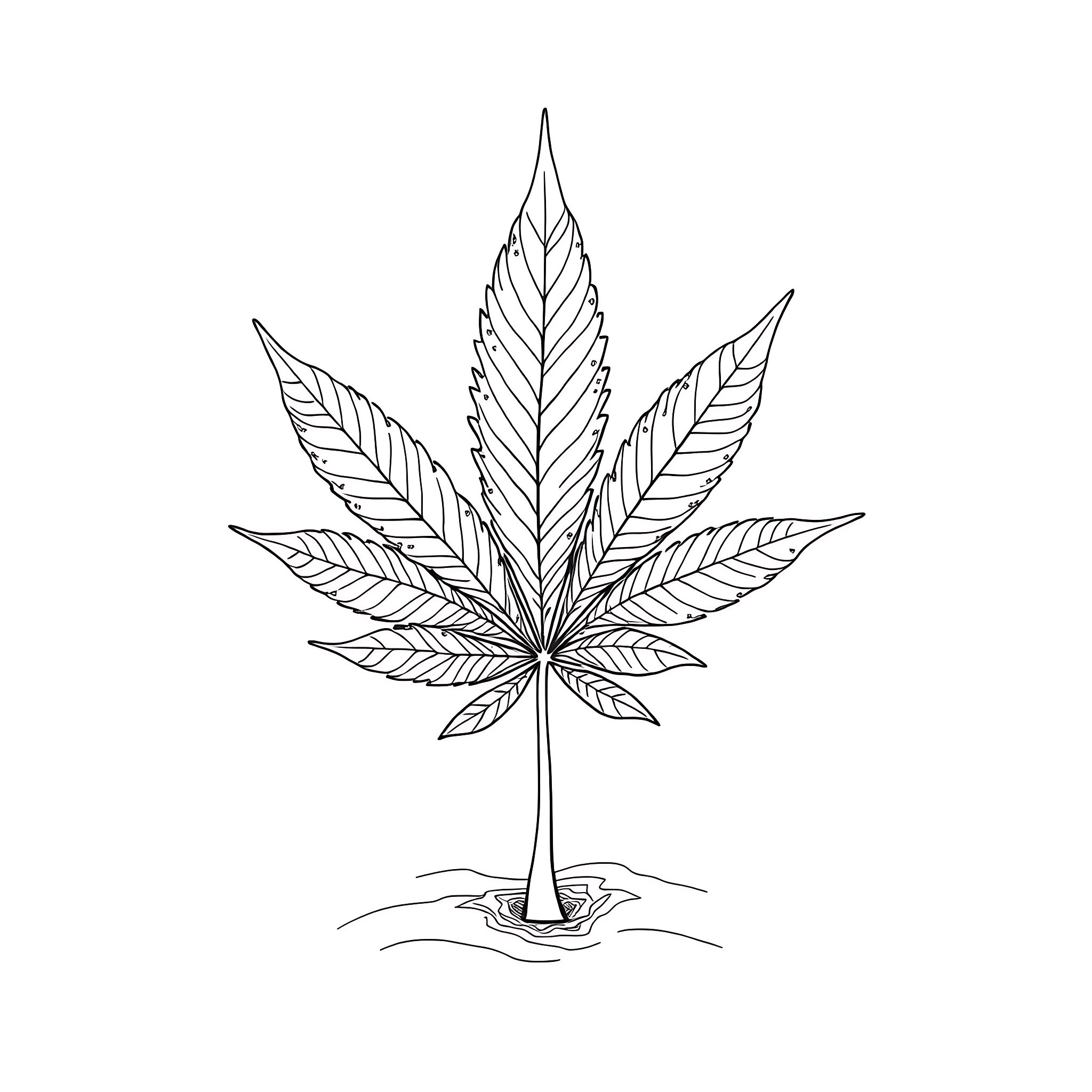 Cannabis Leaf in Simple Line Art Illustration Coloring Page (free black-and-white line drawing printable PDF for all, from beginners to advanced learners, including children, teens, adults, and seniors)