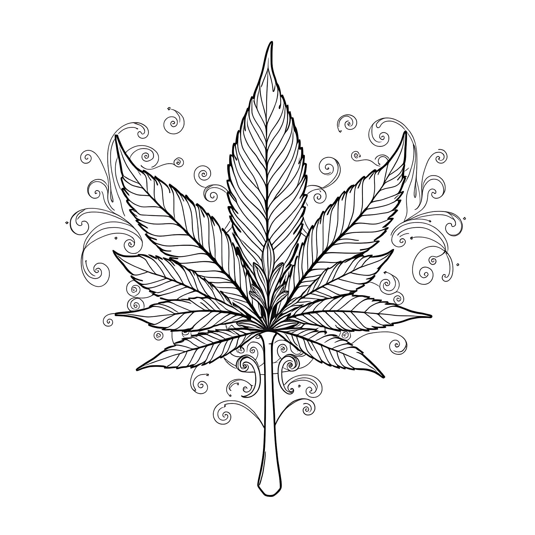 Cannabis Leaf with Ornamental Patterns Coloring Page (free black-and-white line drawing printable PDF for all, from beginners to advanced learners, including children, teens, adults, and seniors)