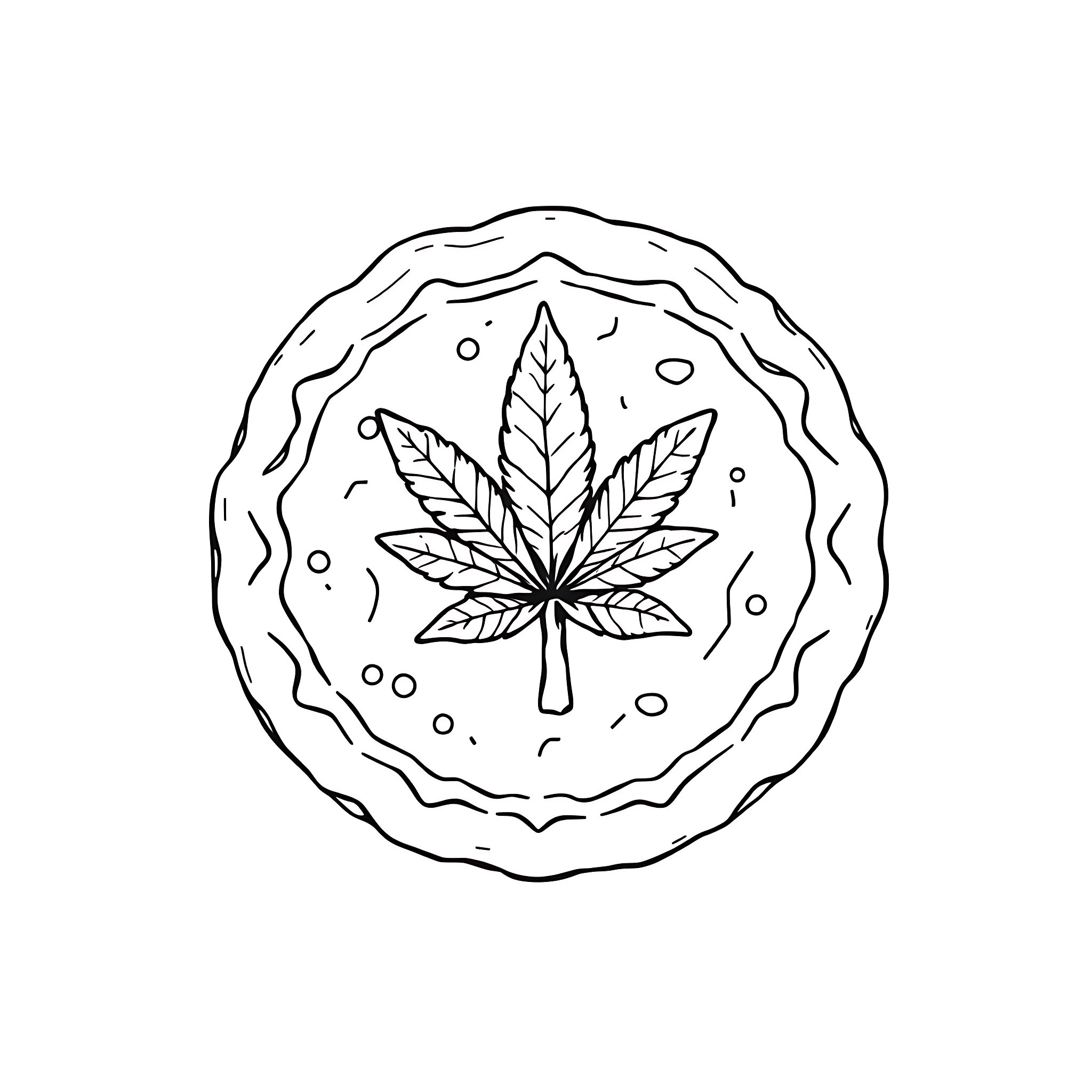 Gingerbread Cookie with Cannabis Leaf Design Coloring Page (free black-and-white line drawing printable PDF for all, from beginners to advanced learners, including children, teens, adults, and seniors)