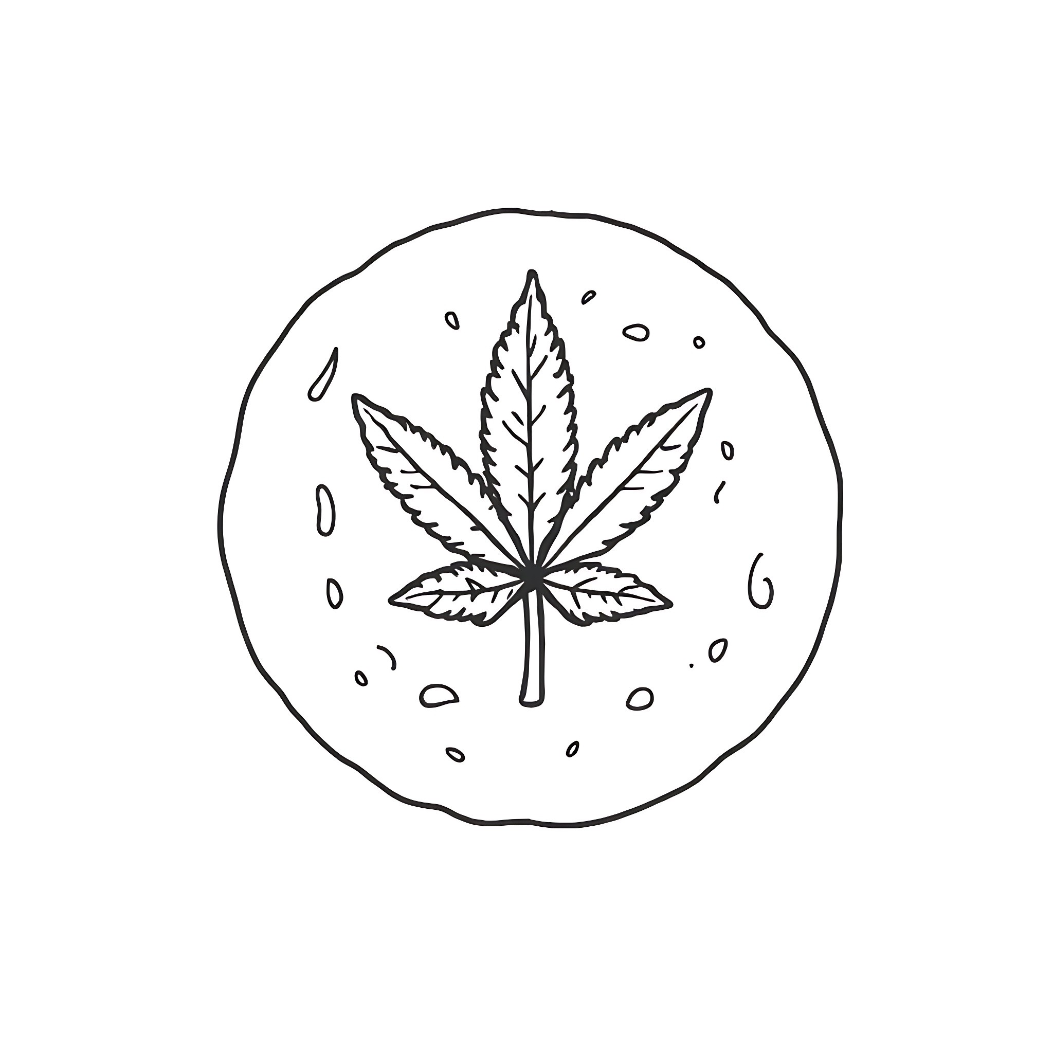 Gingerbread Cookie with Cannabis Leaf Design Coloring Page (free black-and-white line drawing printable PDF for all, from beginners to advanced learners, including children, teens, adults, and seniors)