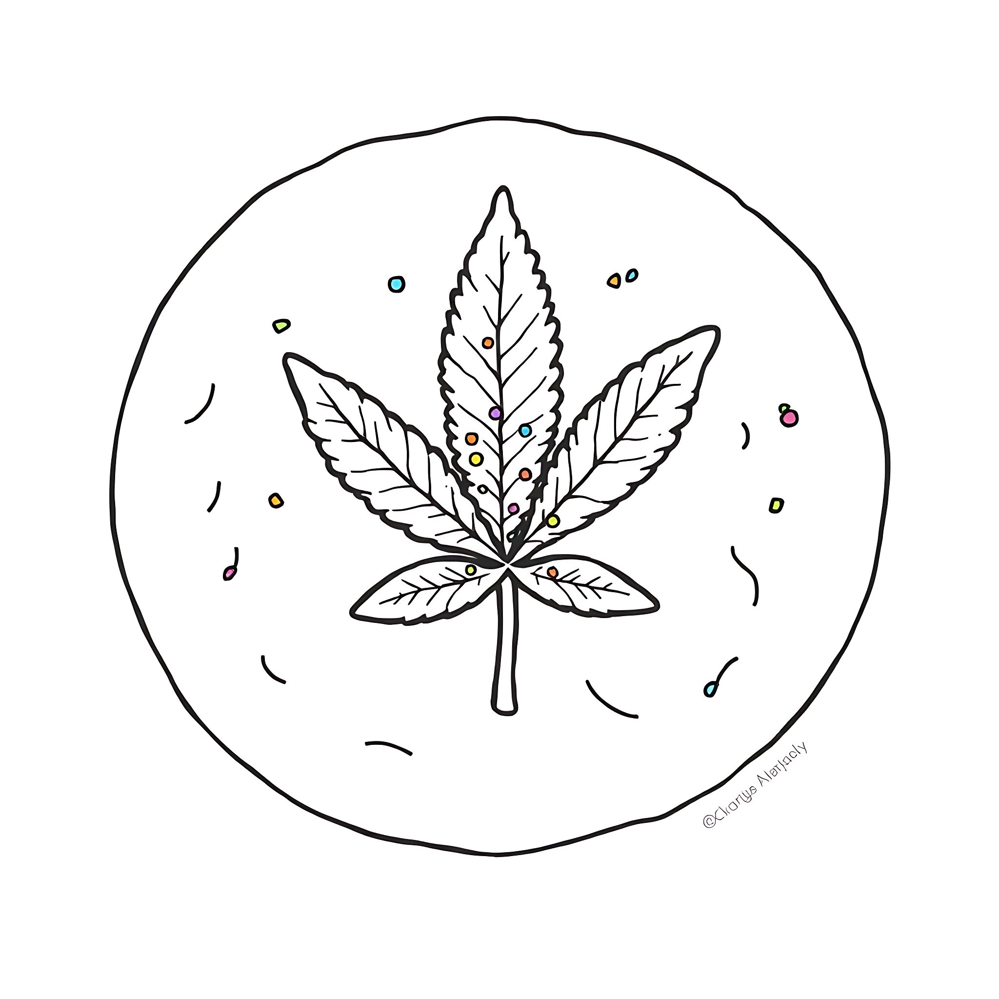 Cookie cannabis leaf with psychedelic patterns Coloring Page (free black-and-white line drawing printable PDF for all, from beginners to advanced learners, including children, teens, adults, and seniors)