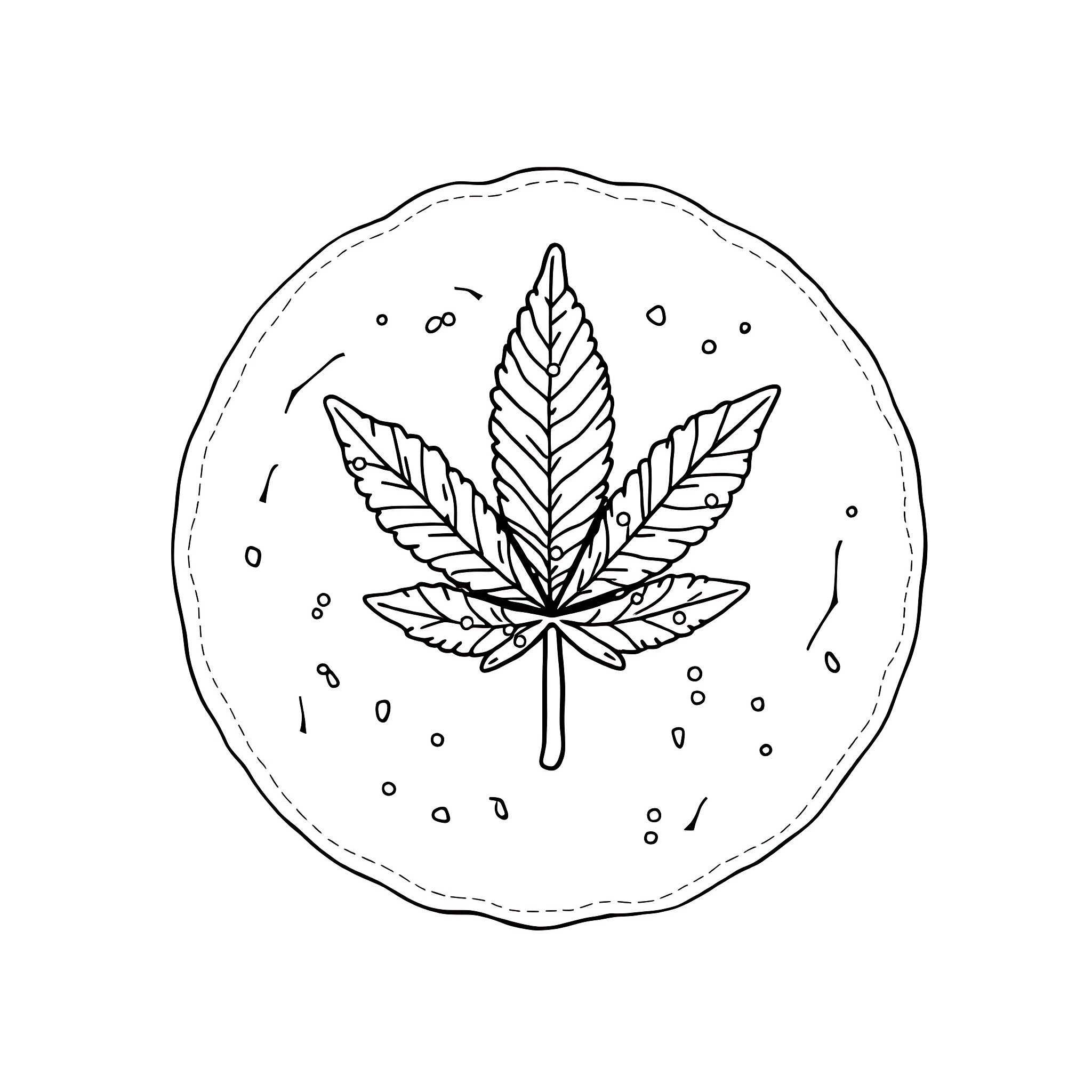 Gingerbread Cookie with Decorative Cannabis Leaf Coloring Page (free black-and-white line drawing printable PDF for all, from beginners to advanced learners, including children, teens, adults, and seniors)