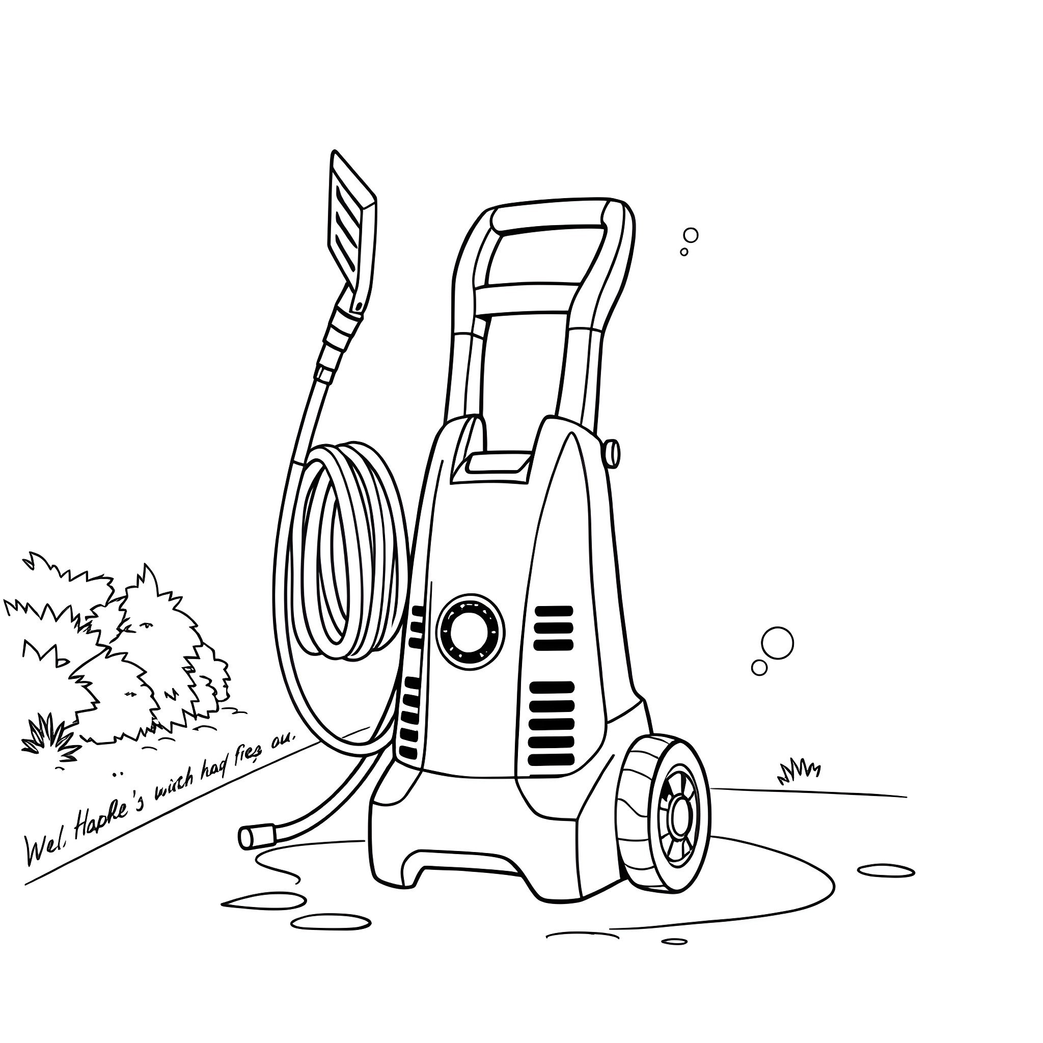 Power Washer Cleaning Equipment in Outdoor Scene Coloring Page (free black-and-white line drawing printable PDF for all, from beginners to advanced learners, including children, teens, adults, and seniors)