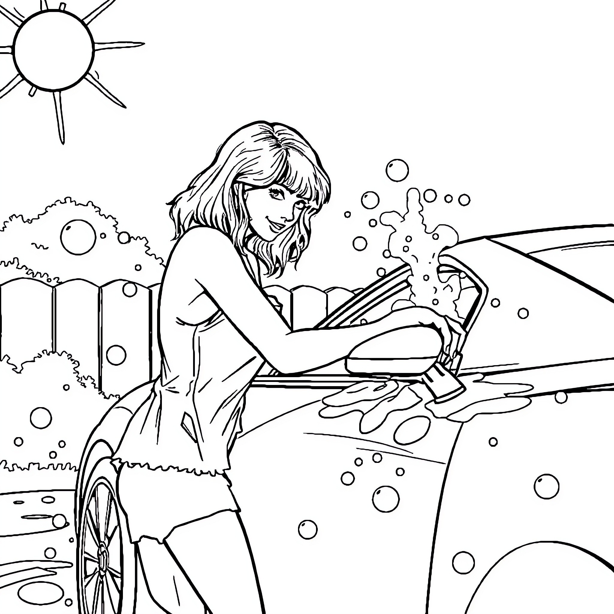 Taylor Swift relaxing and reading in an outdoor setting Coloring Page (free black-and-white line drawing printable PDF for all, from beginners to advanced learners, including children, teens, adults, and seniors)