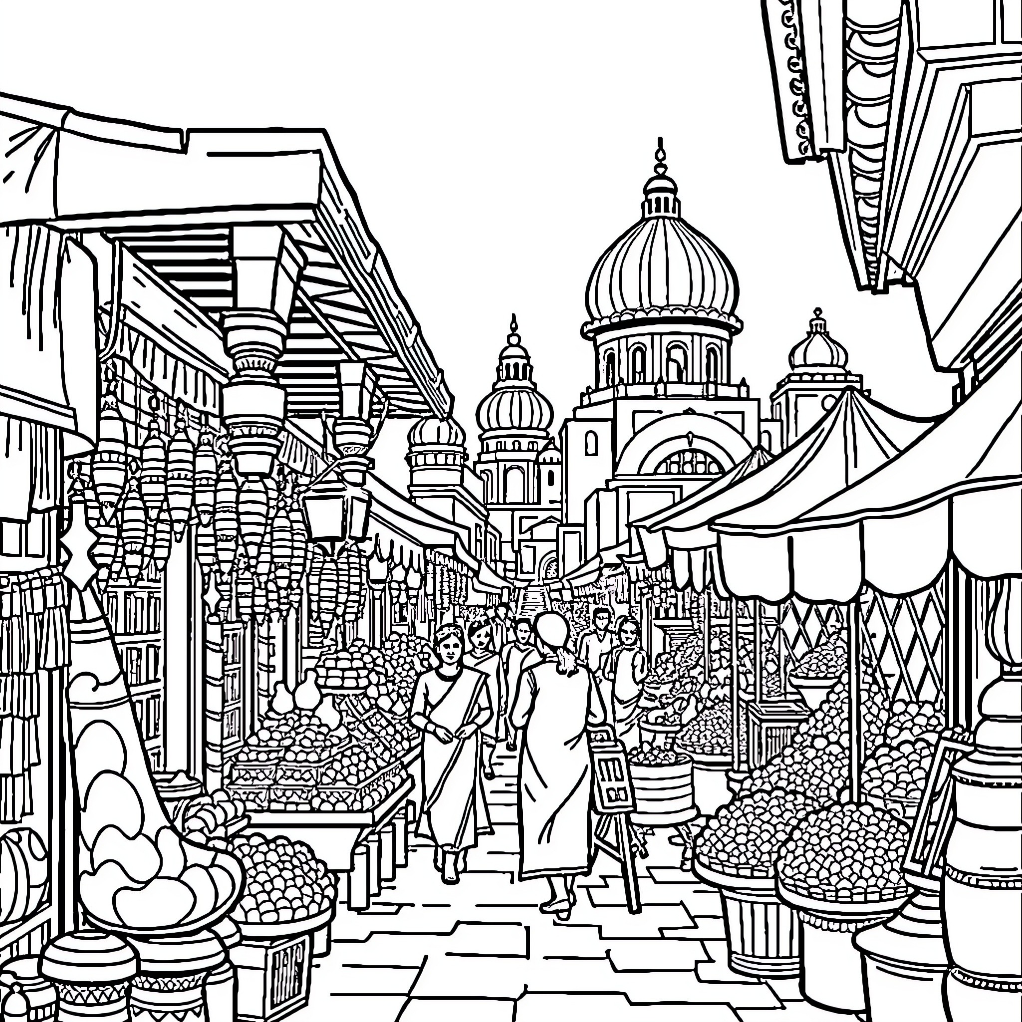 India's Vibrant Marketplace: People, Shops, and Domes Coloring Page (free black-and-white line drawing printable PDF for all, from beginners to advanced learners, including children, teens, adults, and seniors)