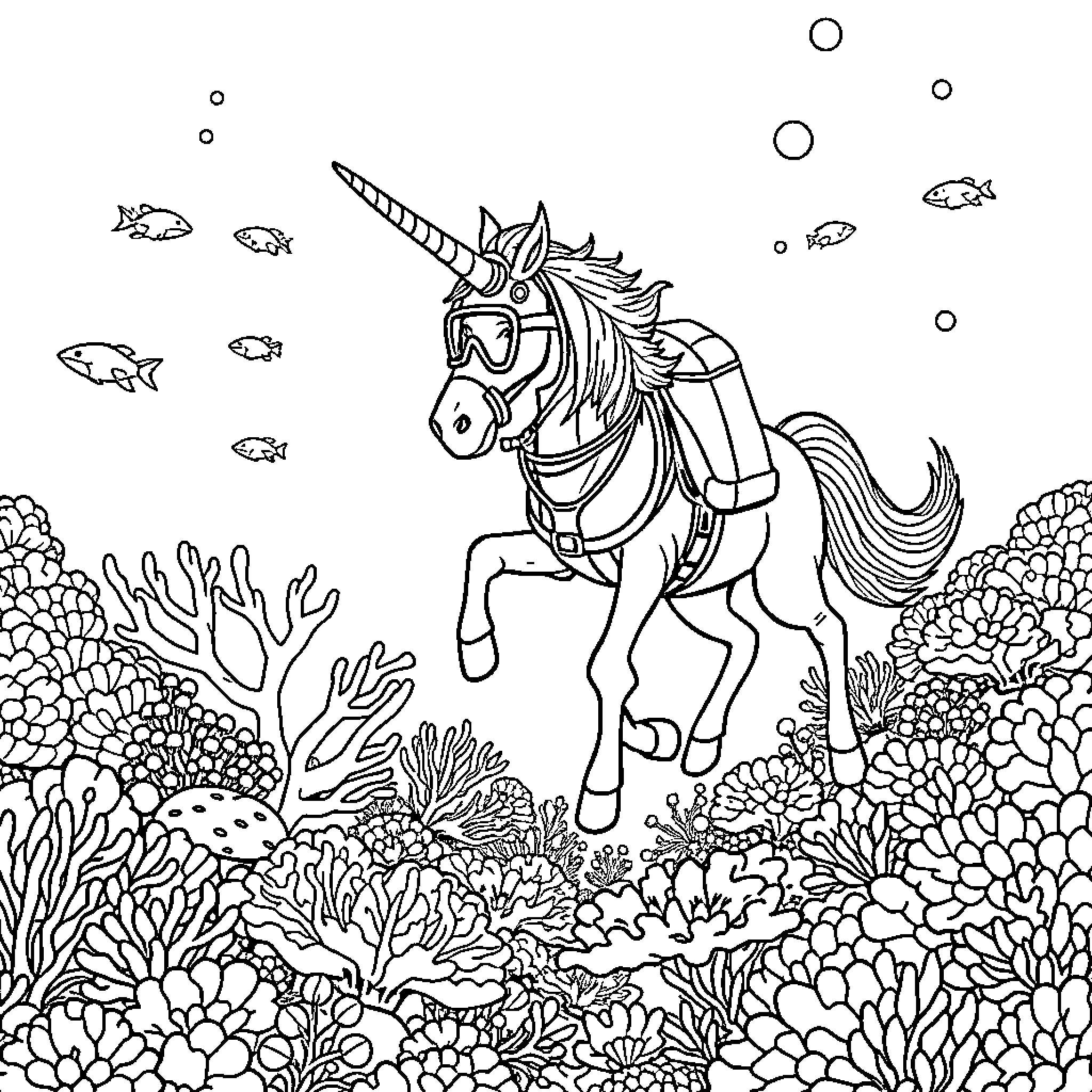 Centaur exploring the underwater coral reef Coloring Page (free black-and-white line drawing printable PDF for all, from beginners to advanced learners, including children, teens, adults, and seniors)