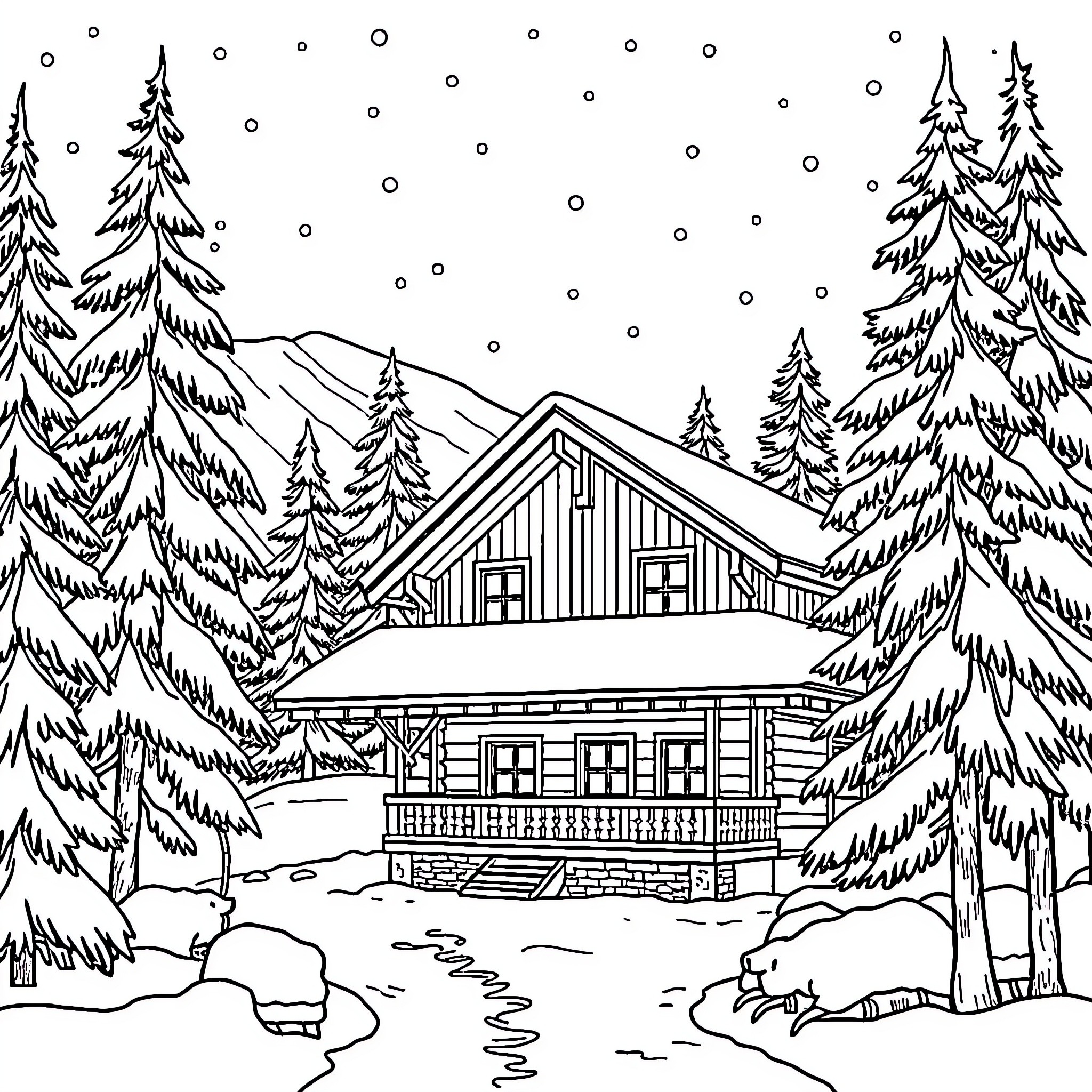 Chalet in the snowy forest landscape Coloring Page (free black-and-white line drawing printable PDF for all, from beginners to advanced learners, including children, teens, adults, and seniors)