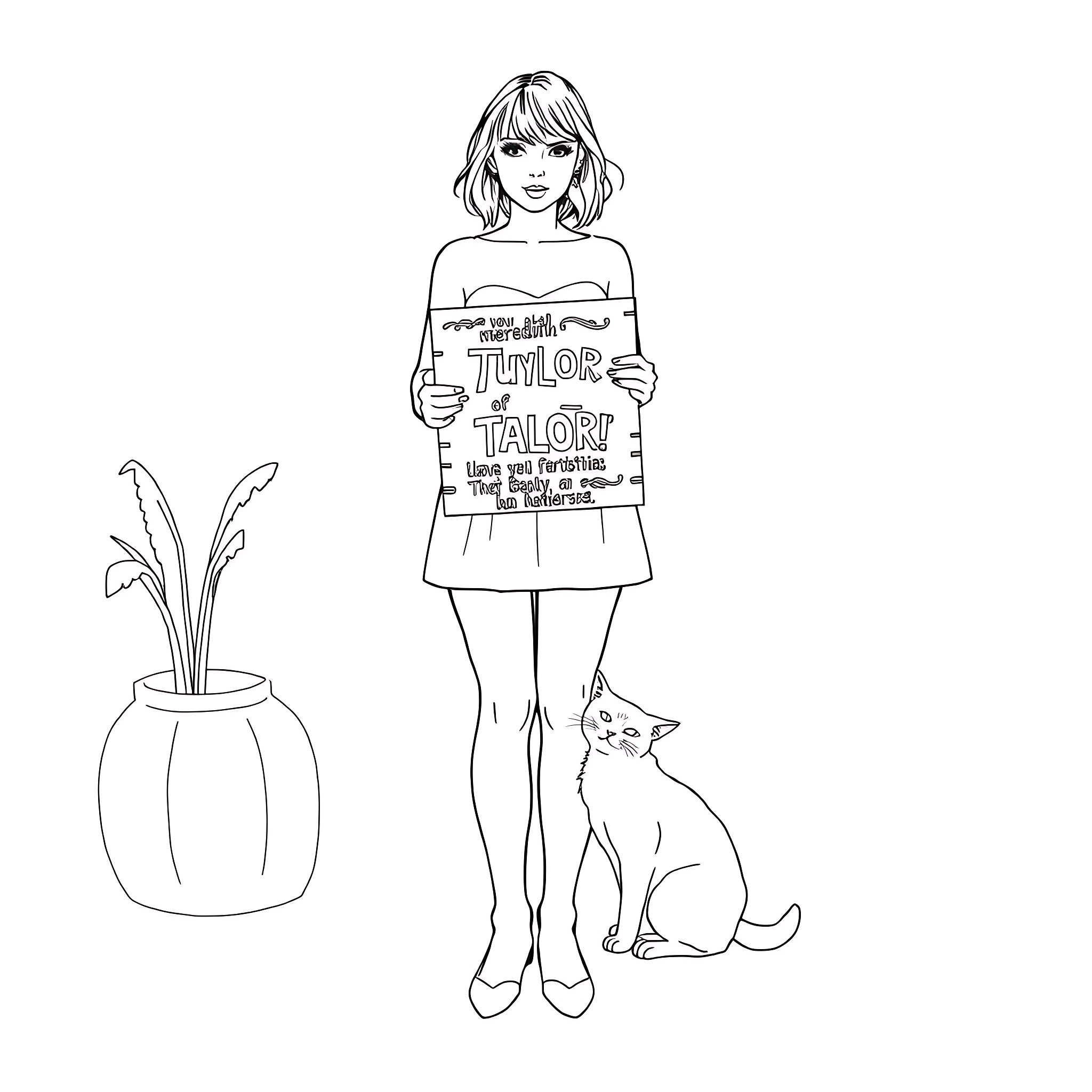 Taylor Swift holding a protest sign with her cat Coloring Page (free black-and-white line drawing printable PDF for all, from beginners to advanced learners, including children, teens, adults, and seniors)