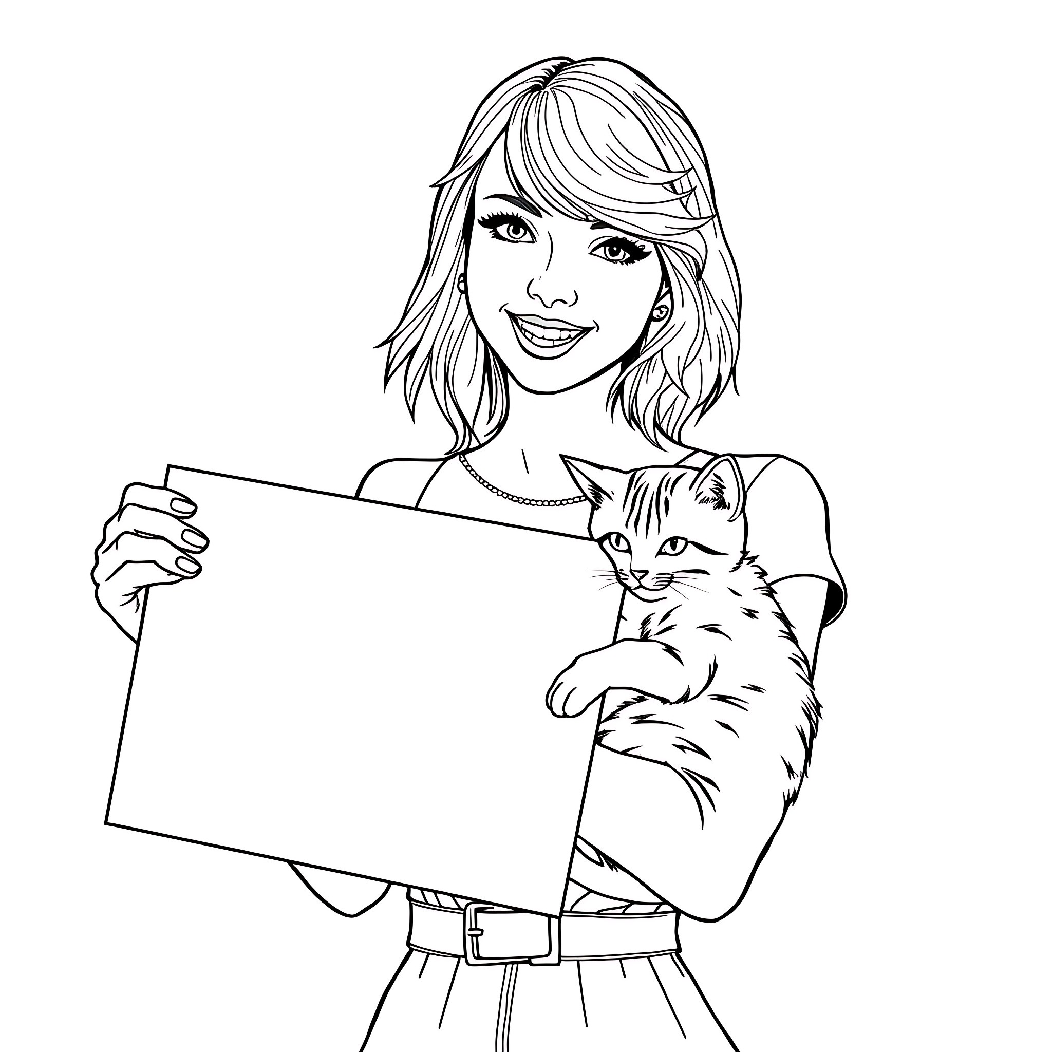 Taylor Swift holding a blank sign with a cat Coloring Page (free black-and-white line drawing printable PDF for all, from beginners to advanced learners, including children, teens, adults, and seniors)