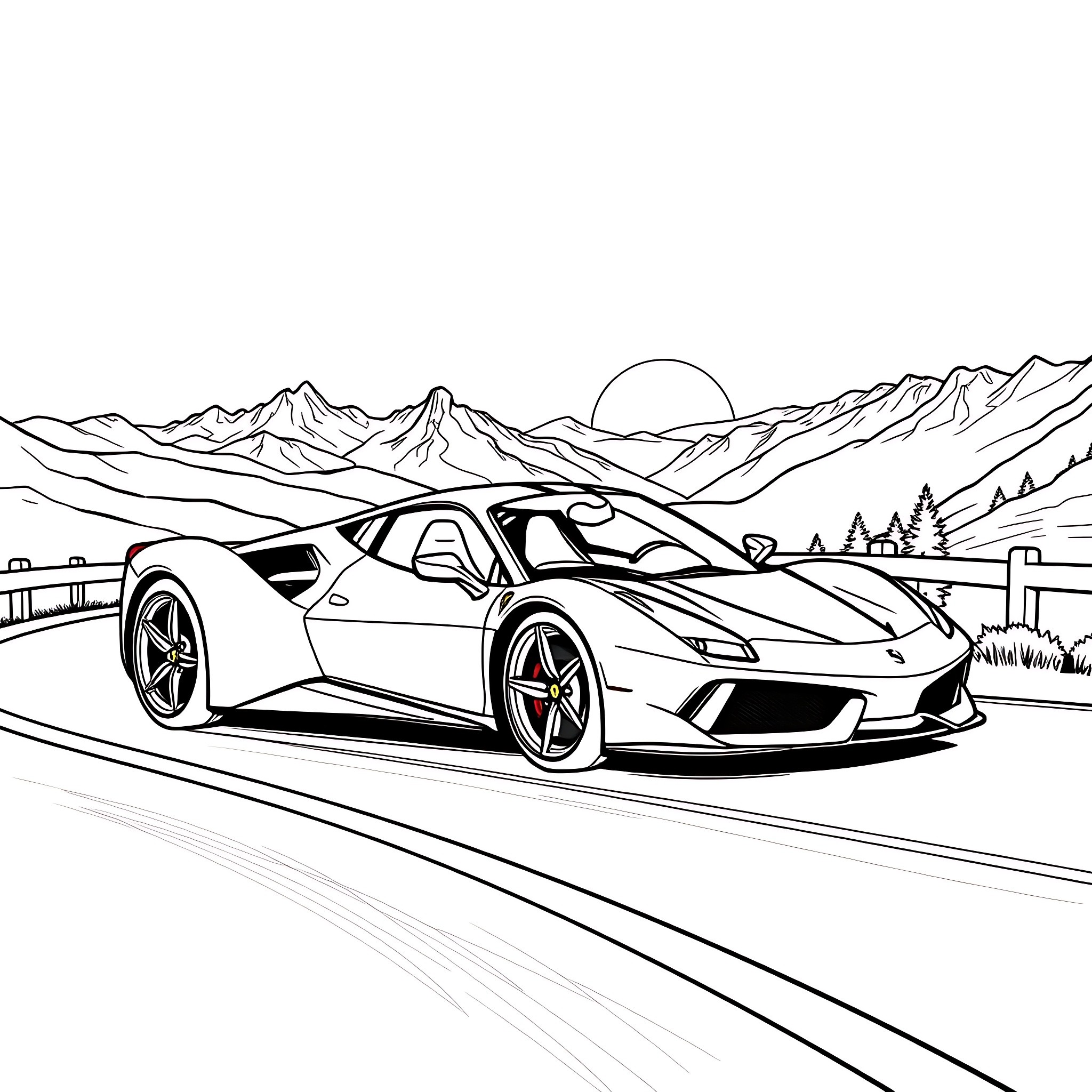 Ferrari supercar driving through scenic mountain landscape Coloring Page (free black-and-white line drawing printable PDF for all, from beginners to advanced learners, including children, teens, adults, and seniors)