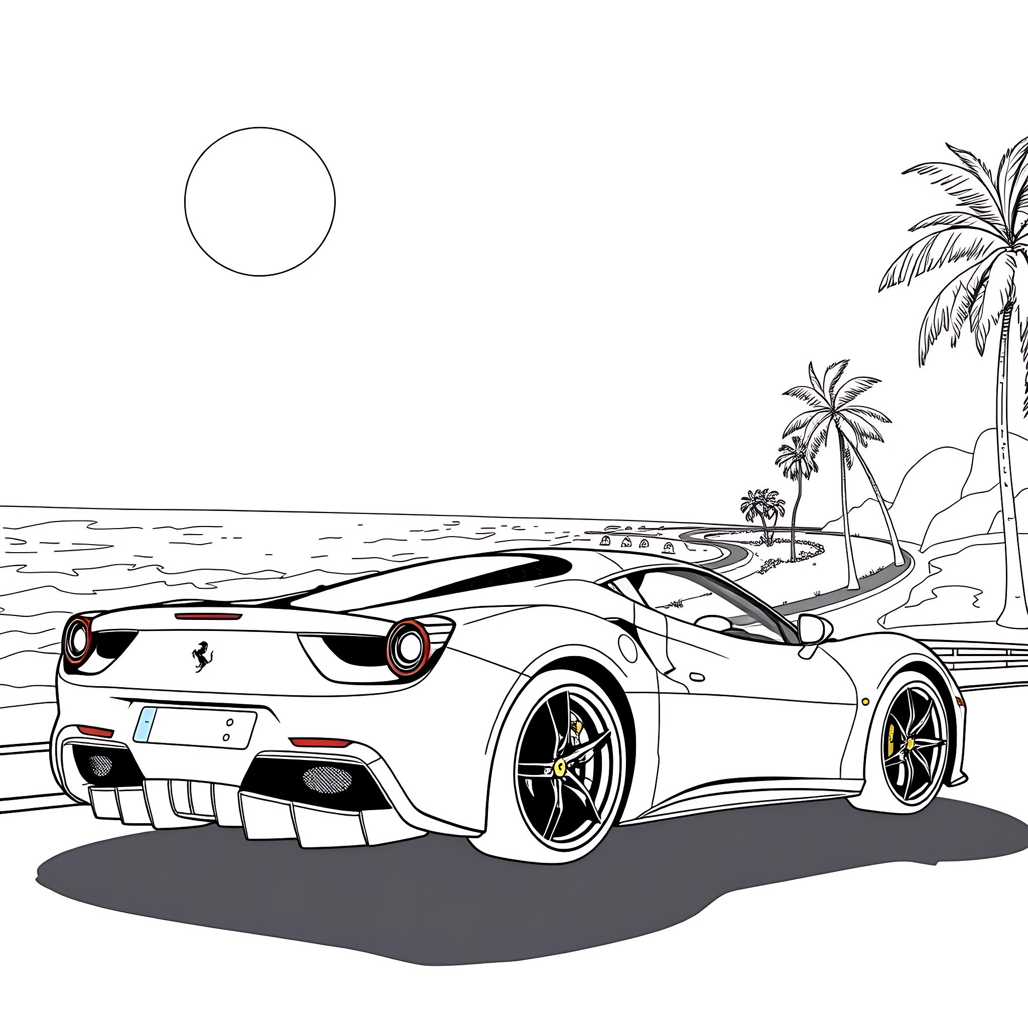 Ferrari sports car on the beach with palm trees Coloring Page (free black-and-white line drawing printable PDF for all, from beginners to advanced learners, including children, teens, adults, and seniors)
