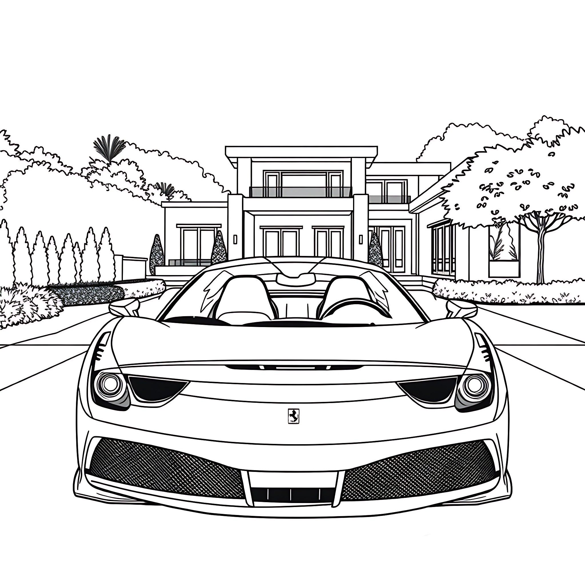 Ferrari sports car in front of luxury home Coloring Page (free black-and-white line drawing printable PDF for all, from beginners to advanced learners, including children, teens, adults, and seniors)