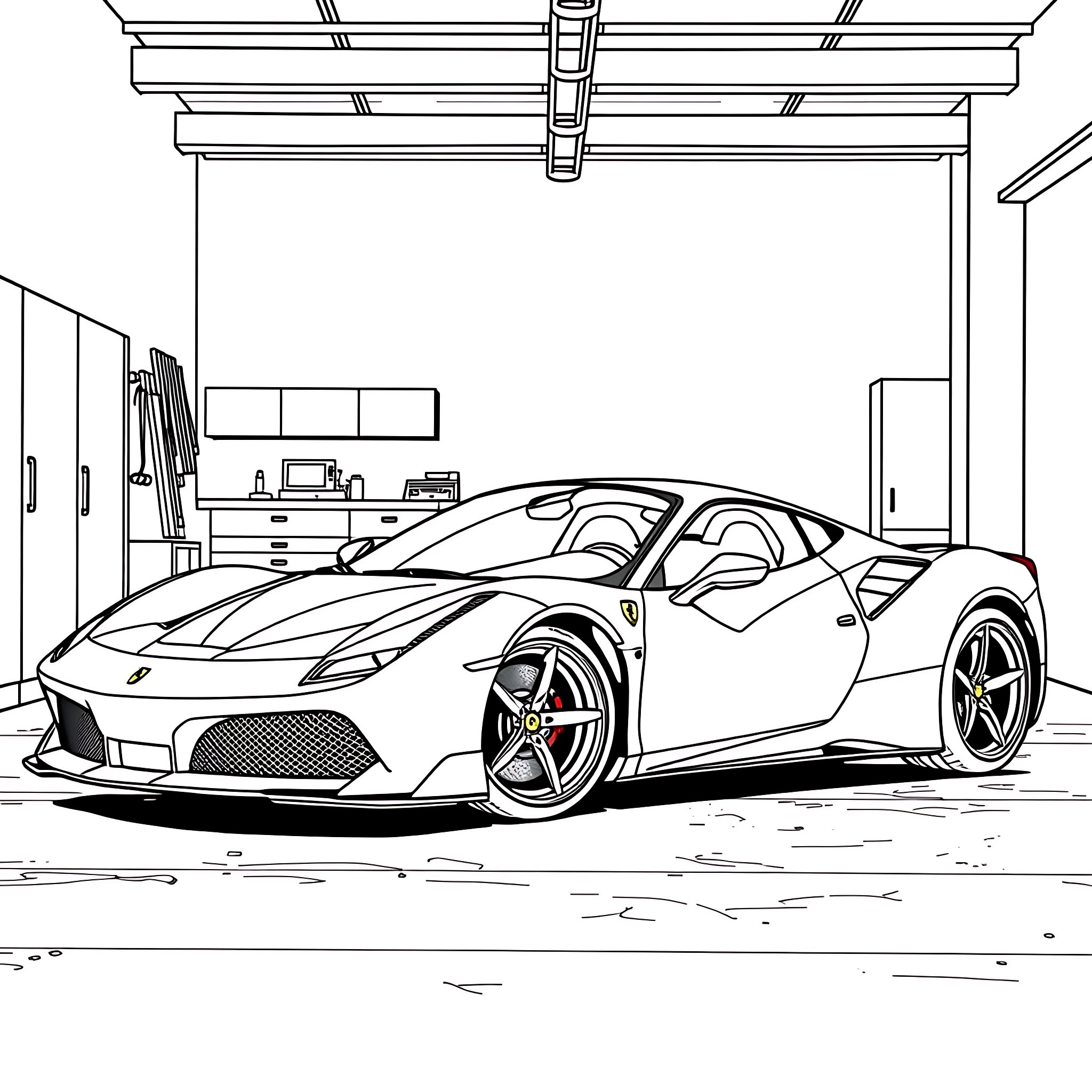Ferrari supercar in a garage workshop Coloring Page (free black-and-white line drawing printable PDF for all, from beginners to advanced learners, including children, teens, adults, and seniors)
