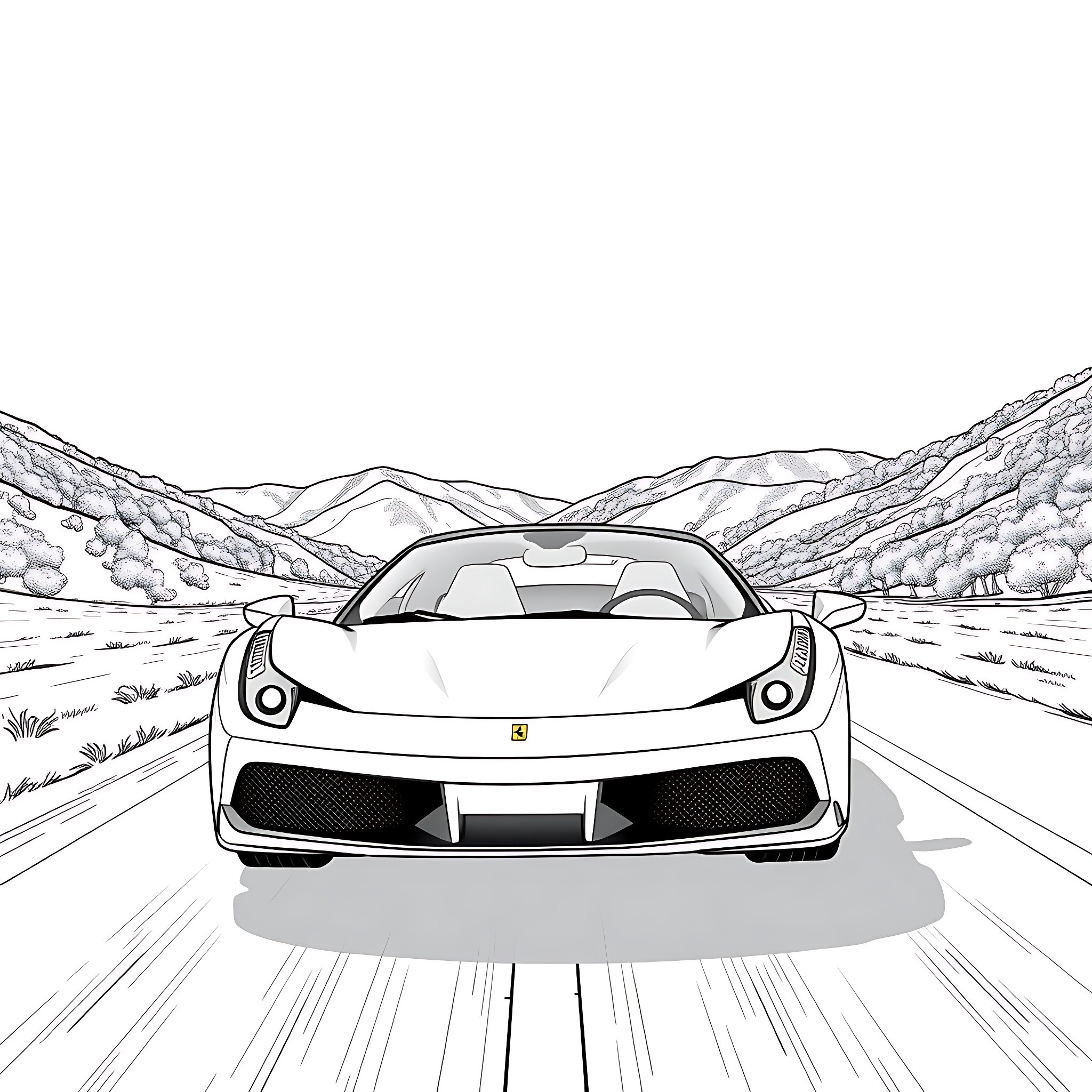Ferrari racing on a scenic mountain road Coloring Page (free black-and-white line drawing printable PDF for all, from beginners to advanced learners, including children, teens, adults, and seniors)