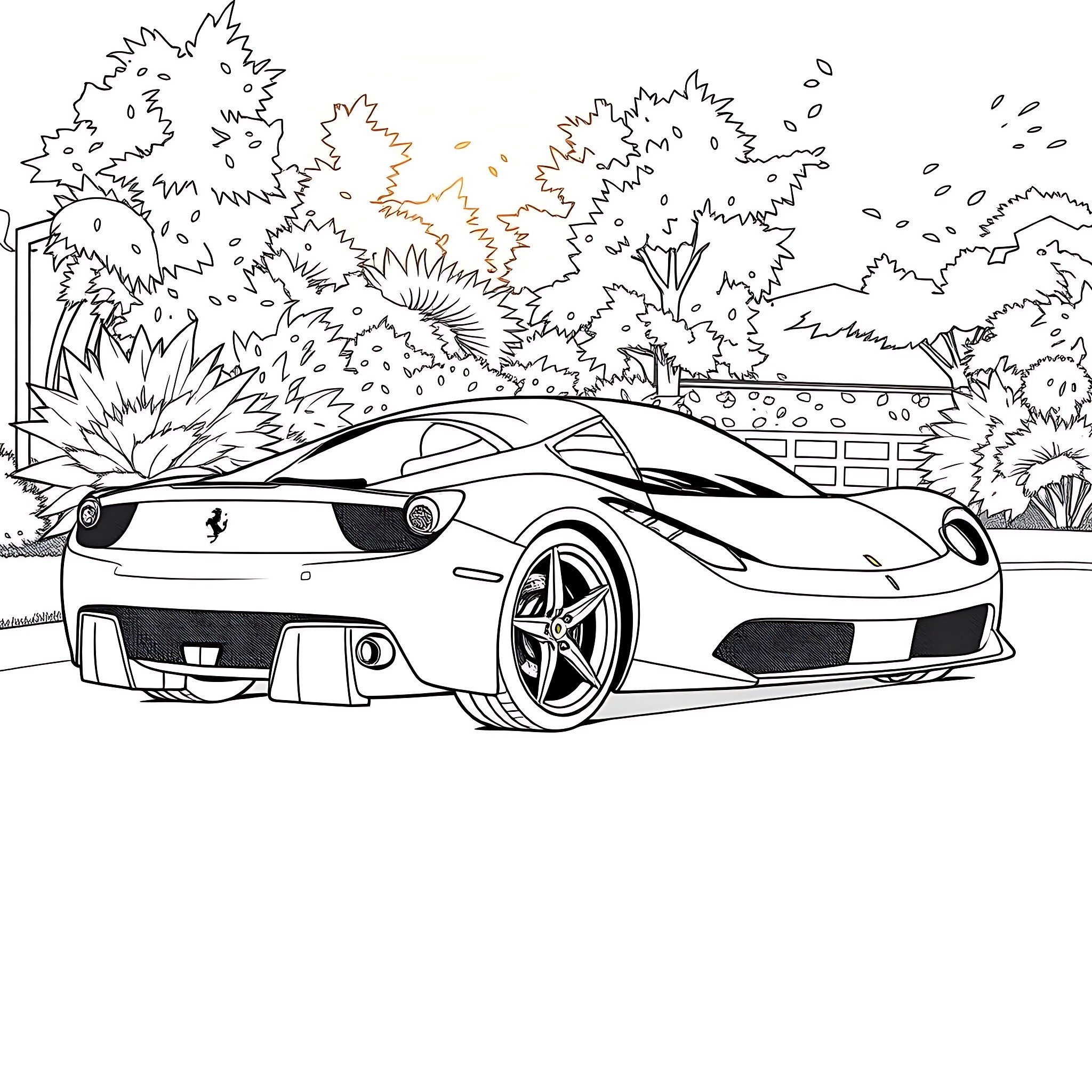 Ferrari sports car in lush landscape Coloring Page (free black-and-white line drawing printable PDF for all, from beginners to advanced learners, including children, teens, adults, and seniors)