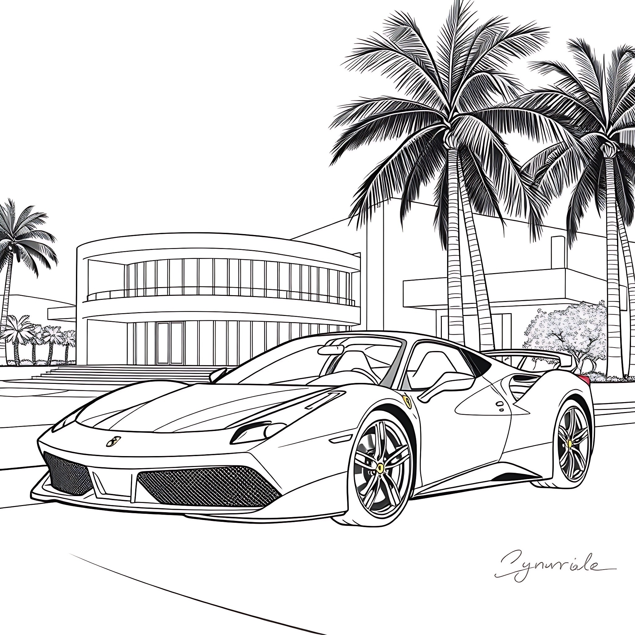 Ferrari sports car gliding on the palm-lined road Coloring Page (free black-and-white line drawing printable PDF for all, from beginners to advanced learners, including children, teens, adults, and seniors)