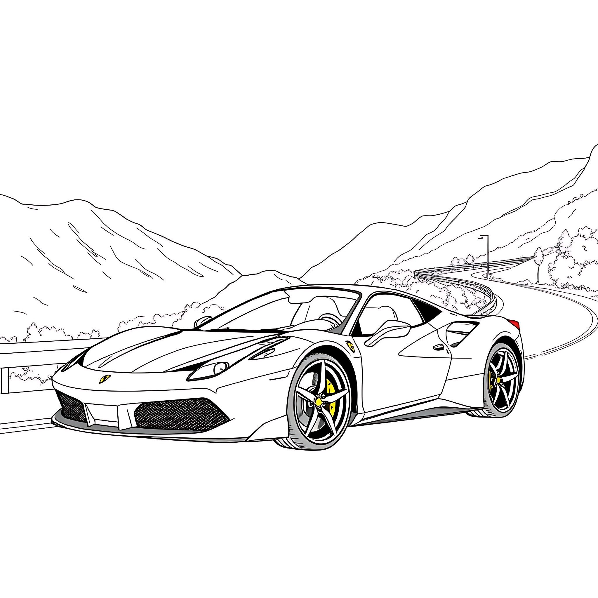 Ferrari sports car racing through mountain road Coloring Page (free black-and-white line drawing printable PDF for all, from beginners to advanced learners, including children, teens, adults, and seniors)
