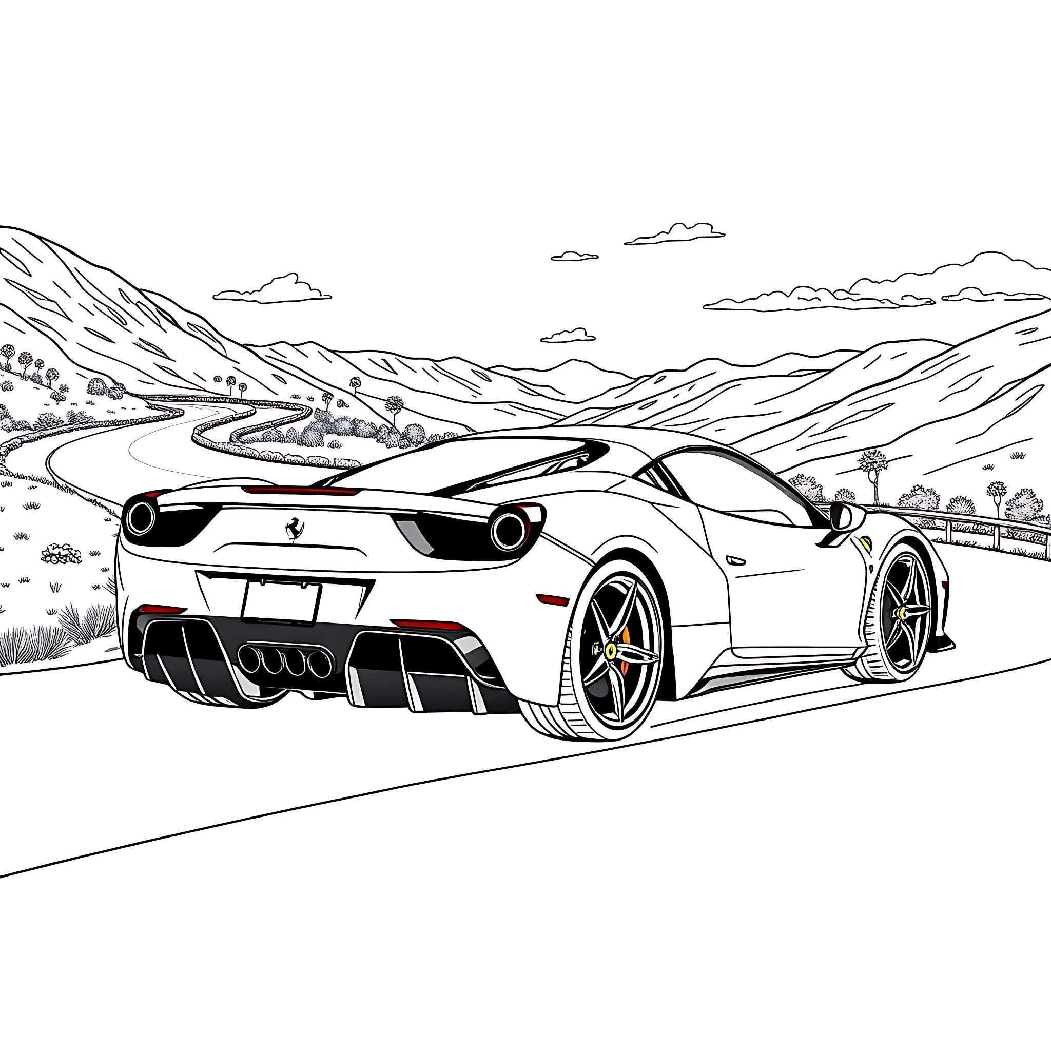 Ferrari sports car speeding through mountain road Coloring Page (free black-and-white line drawing printable PDF for all, from beginners to advanced learners, including children, teens, adults, and seniors)