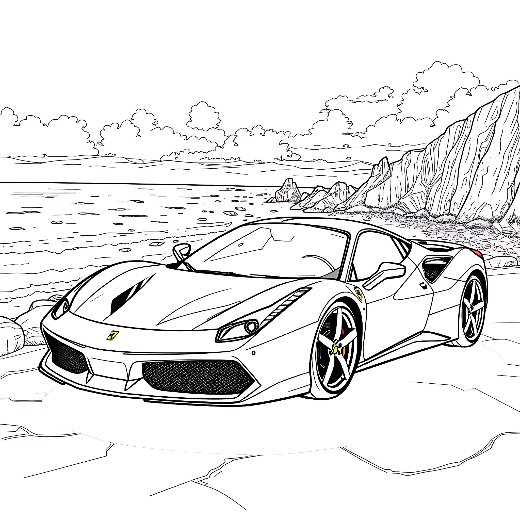 Ferrari supercar on seaside cliff road Coloring Page (free black-and-white line drawing printable PDF for all, from beginners to advanced learners, including children, teens, adults, and seniors)