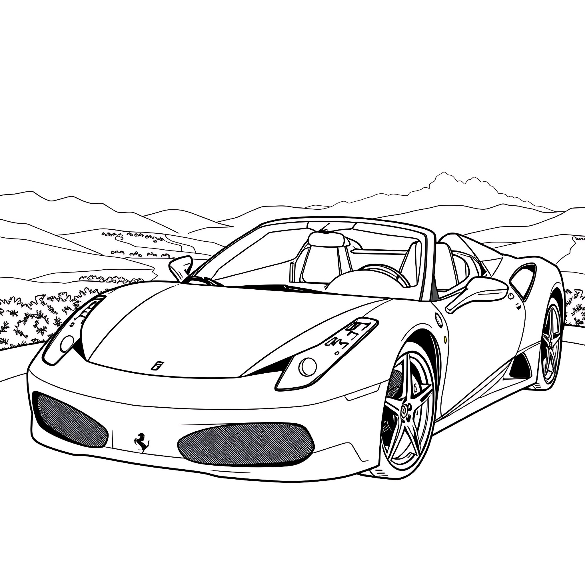 Ferrari sports car in a scenic landscape Coloring Page (free black-and-white line drawing printable PDF for all, from beginners to advanced learners, including children, teens, adults, and seniors)